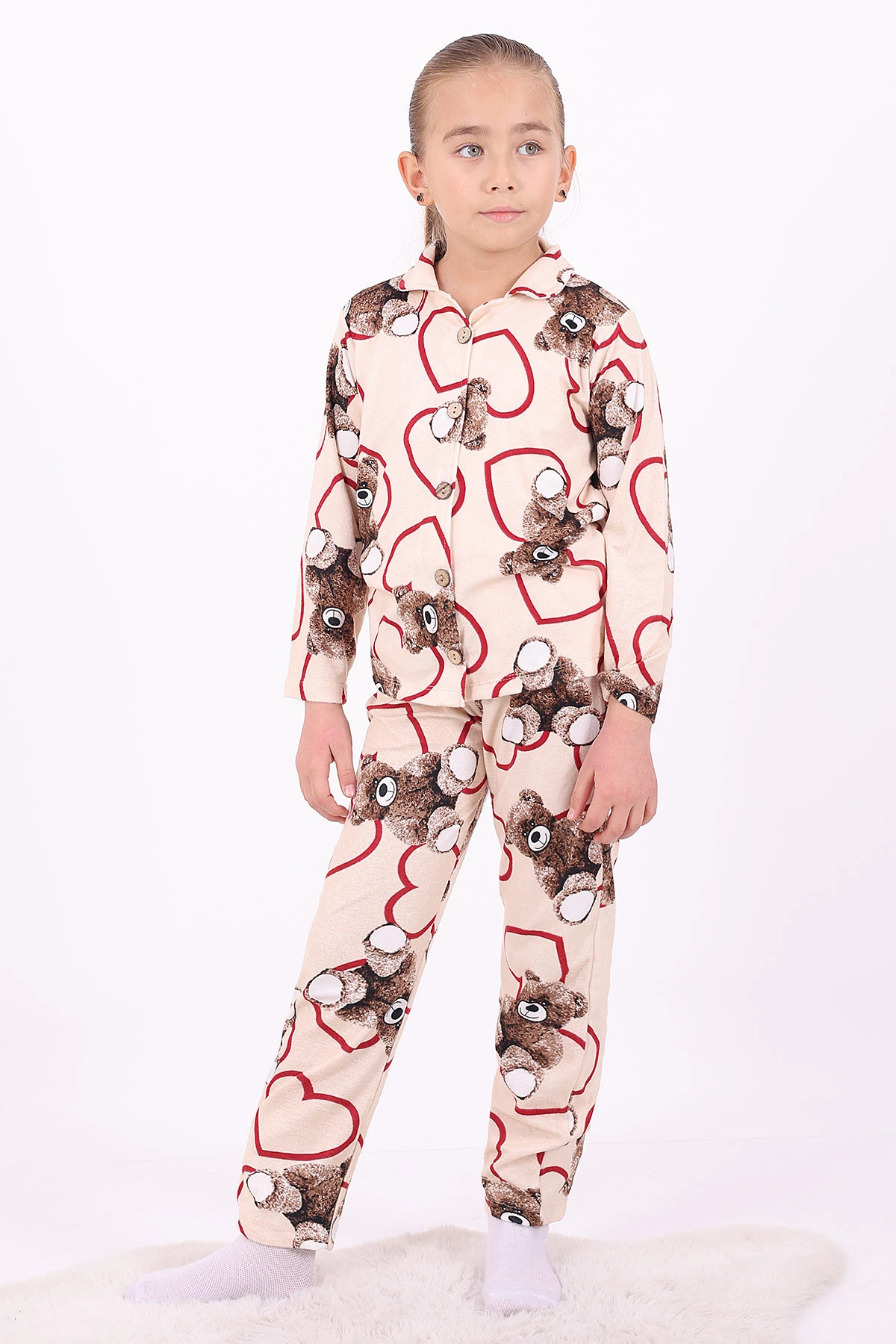 Krem (4-12 Yaş)Ayıcık Desenli Düğmeli Kız Çocuk Pijama Takımı 329805