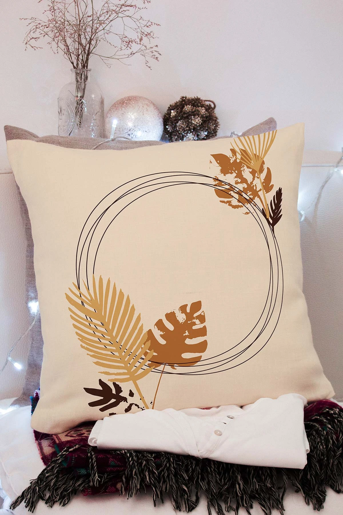 Bej 43x43 Dijital Baskılı Fermuarlı Modern Kırlent Kılıfı 272392