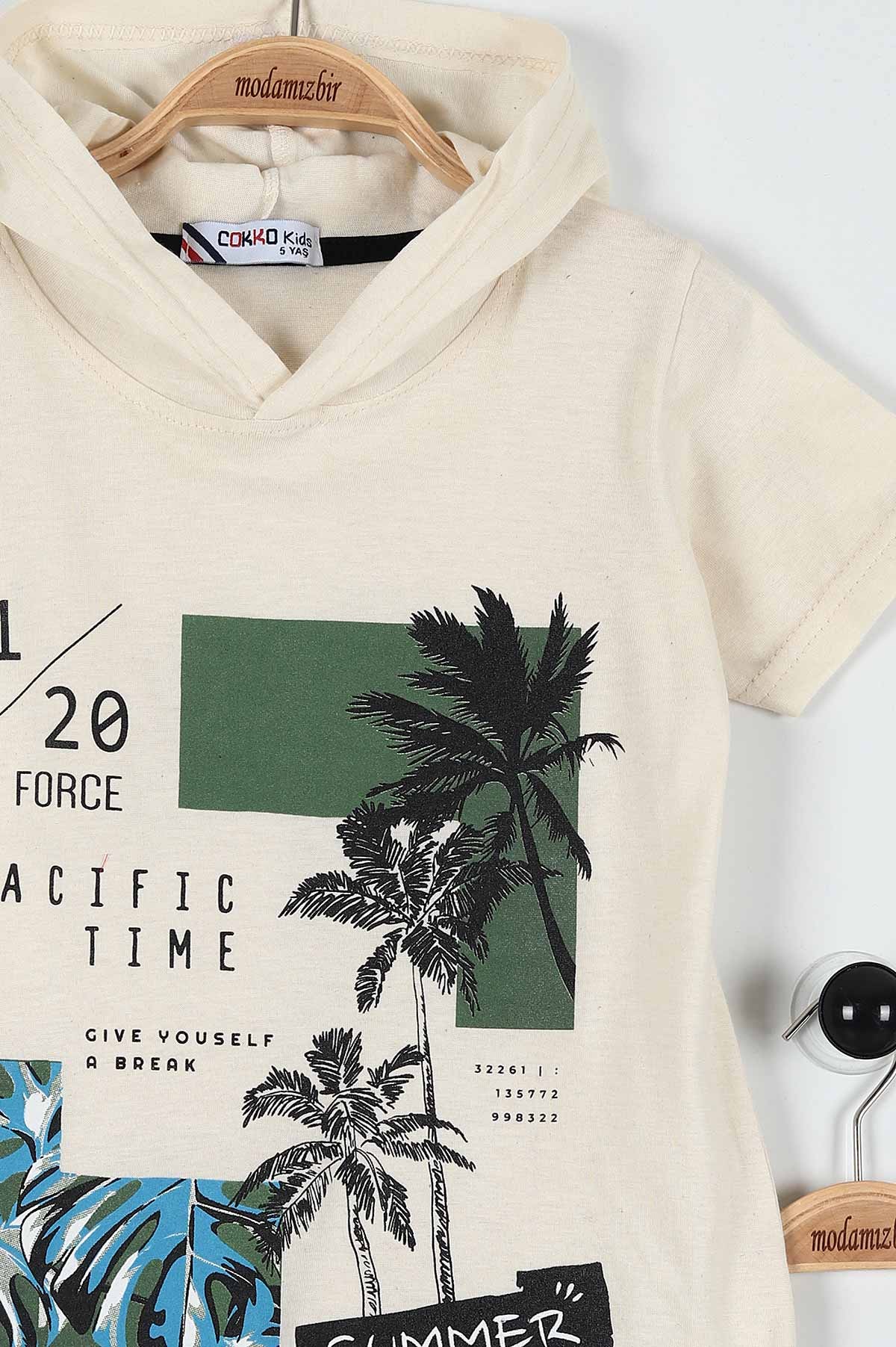 Krem (5-8 Yaş) Summer Palmiye Baskılı Şortlu Kapüşonlu Erkek Çocuk Takım 182993