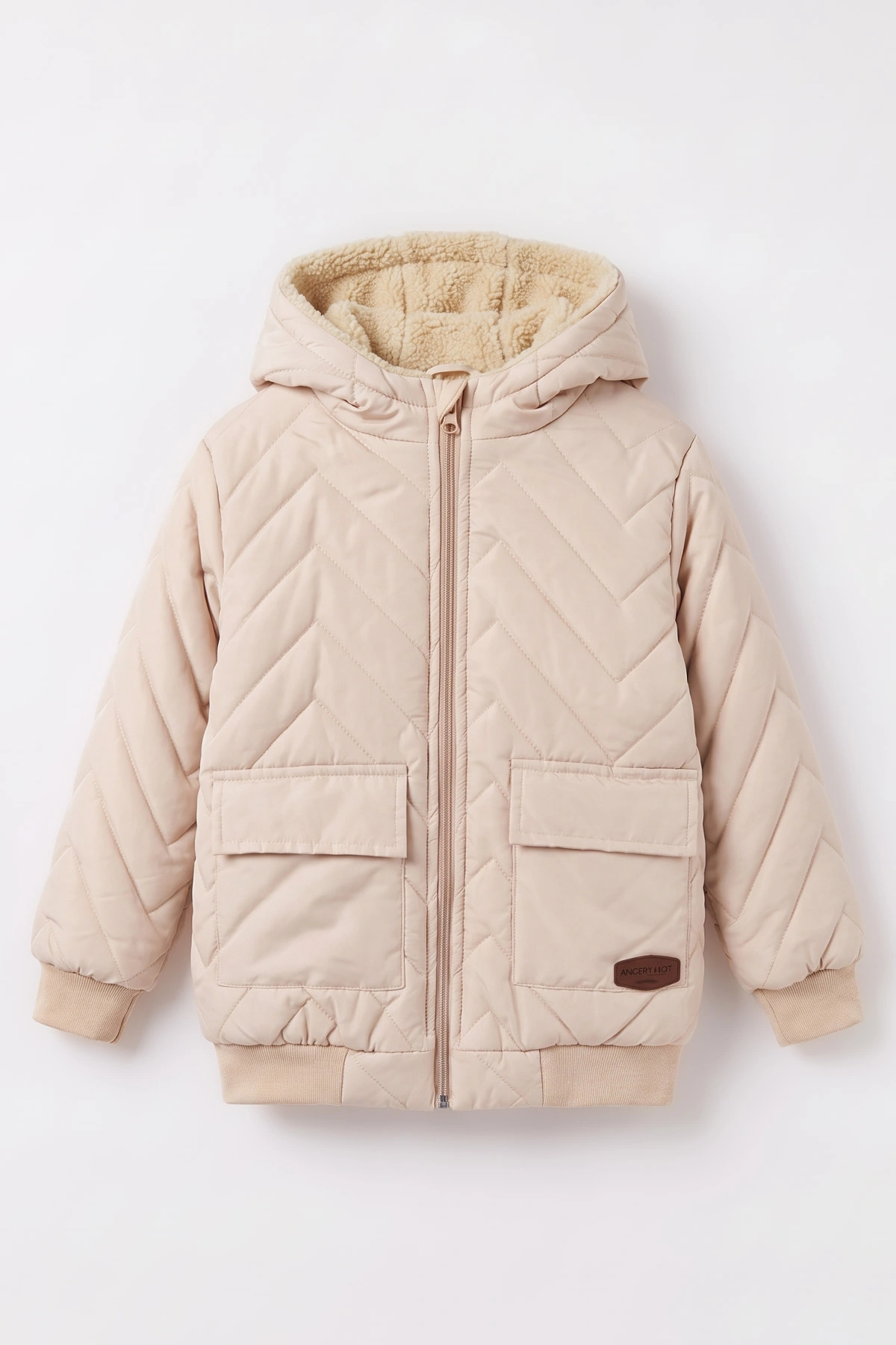 Krem (5-9 Yaş) Çavuş Desenli Kapüşonlu Kız Çocuk Mont 494214