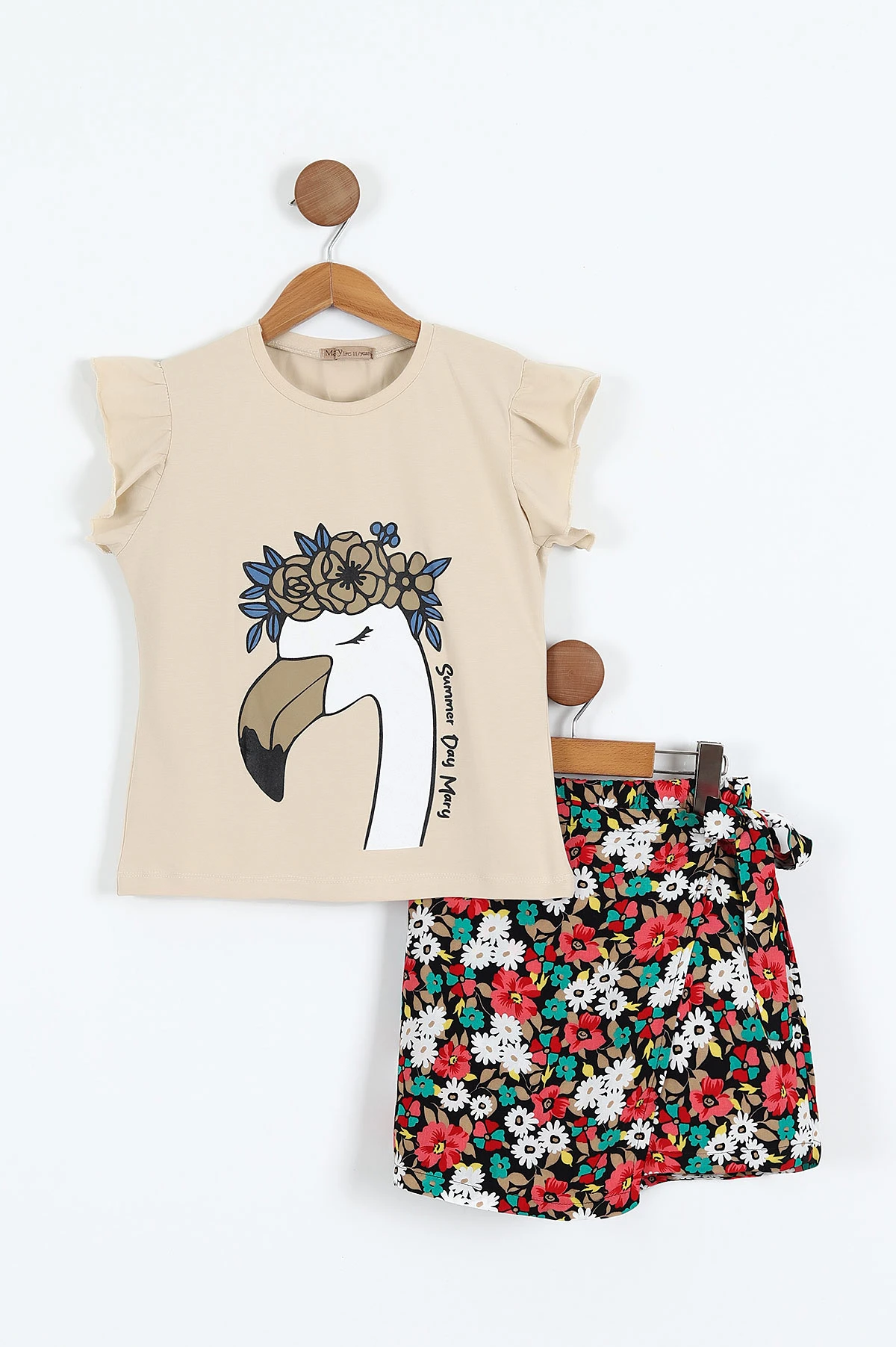 Krem (6-14 Yaş)Summer Day Baskılı Çiçekli  Şort Etekli  Kız Çocuk Yazlık Takım 342708
