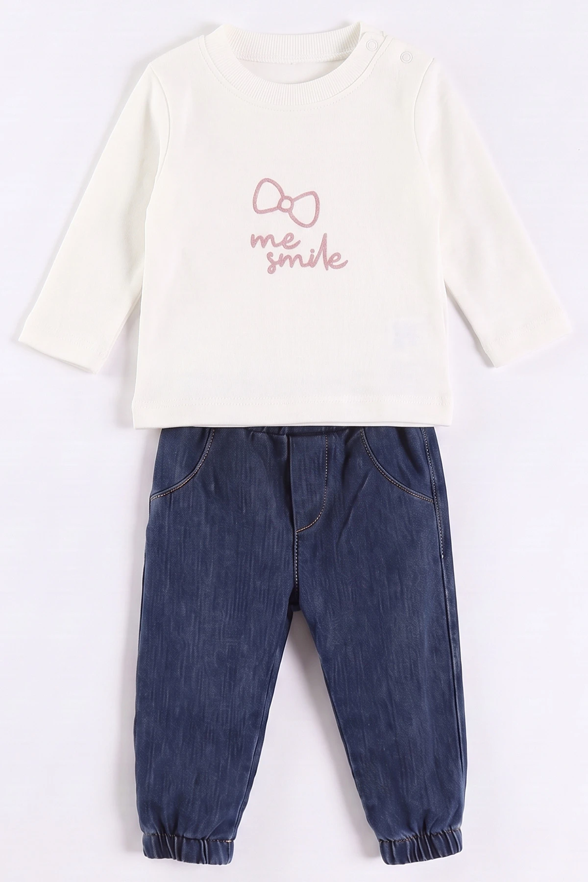 Krem (6-18 Ay) Me Smile Nakışlı Wellsoft Kot Pantolonlu Kız Bebek 3'lü Takım 492403
