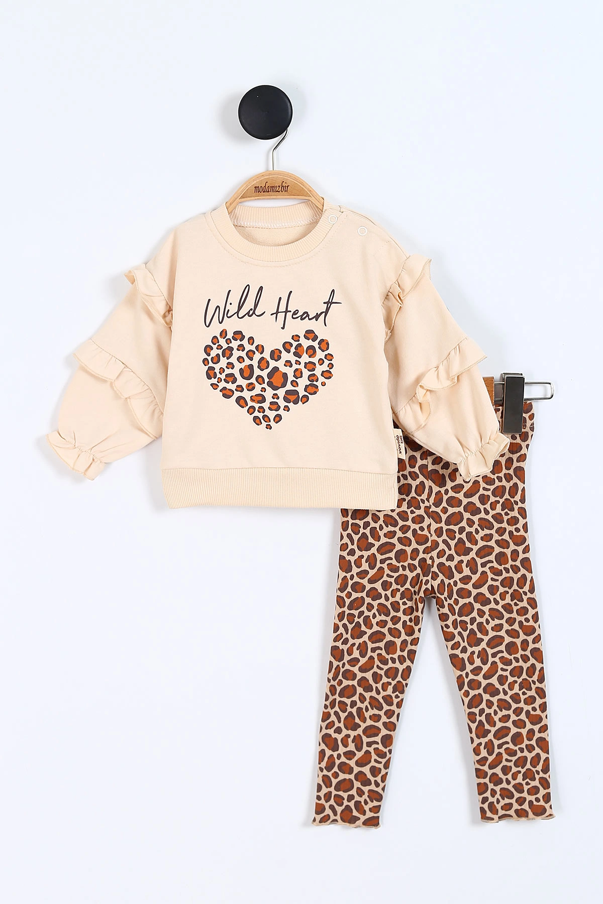 Krem (6-24 Ay ) Leopar Taytlı Kalp Baskılı Kız Bebek Takım 336003