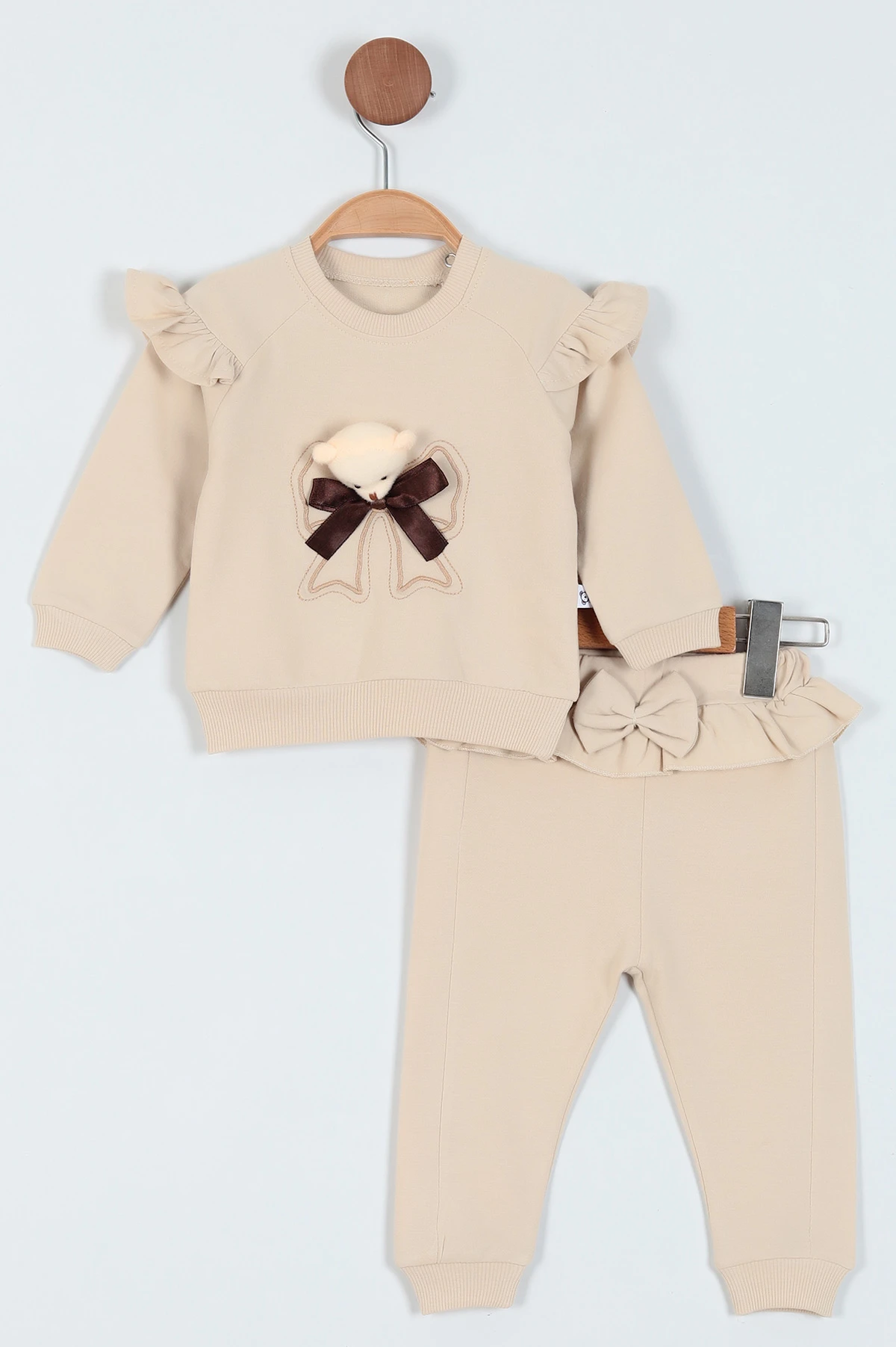 Krem (6-24 Ay) Nakışlı Fırfırlı Kız Bebe Takım 226785