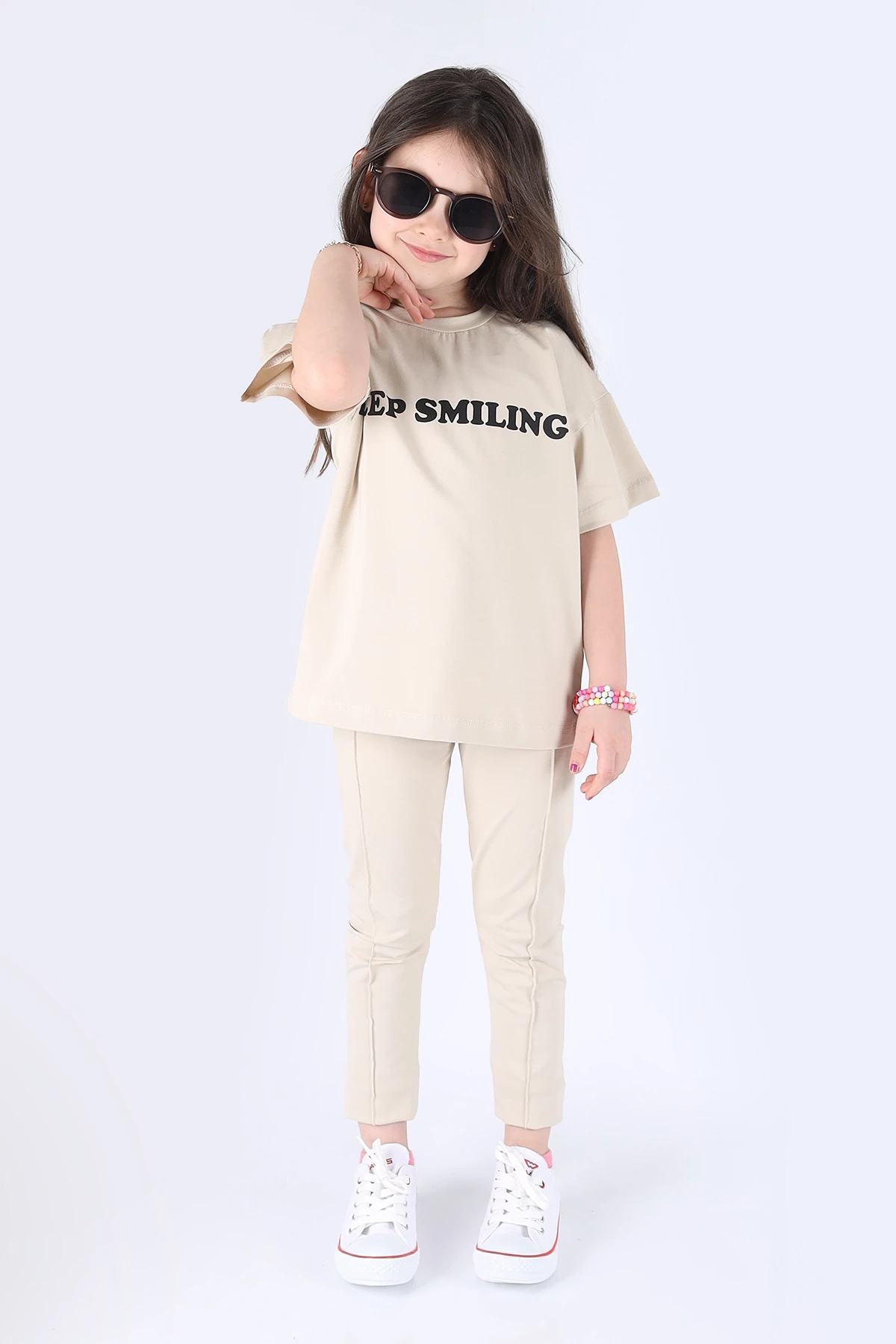 Krem (6-9 Yaş) Keep Smiling Baskılı Kız Çocuk Takım 264475