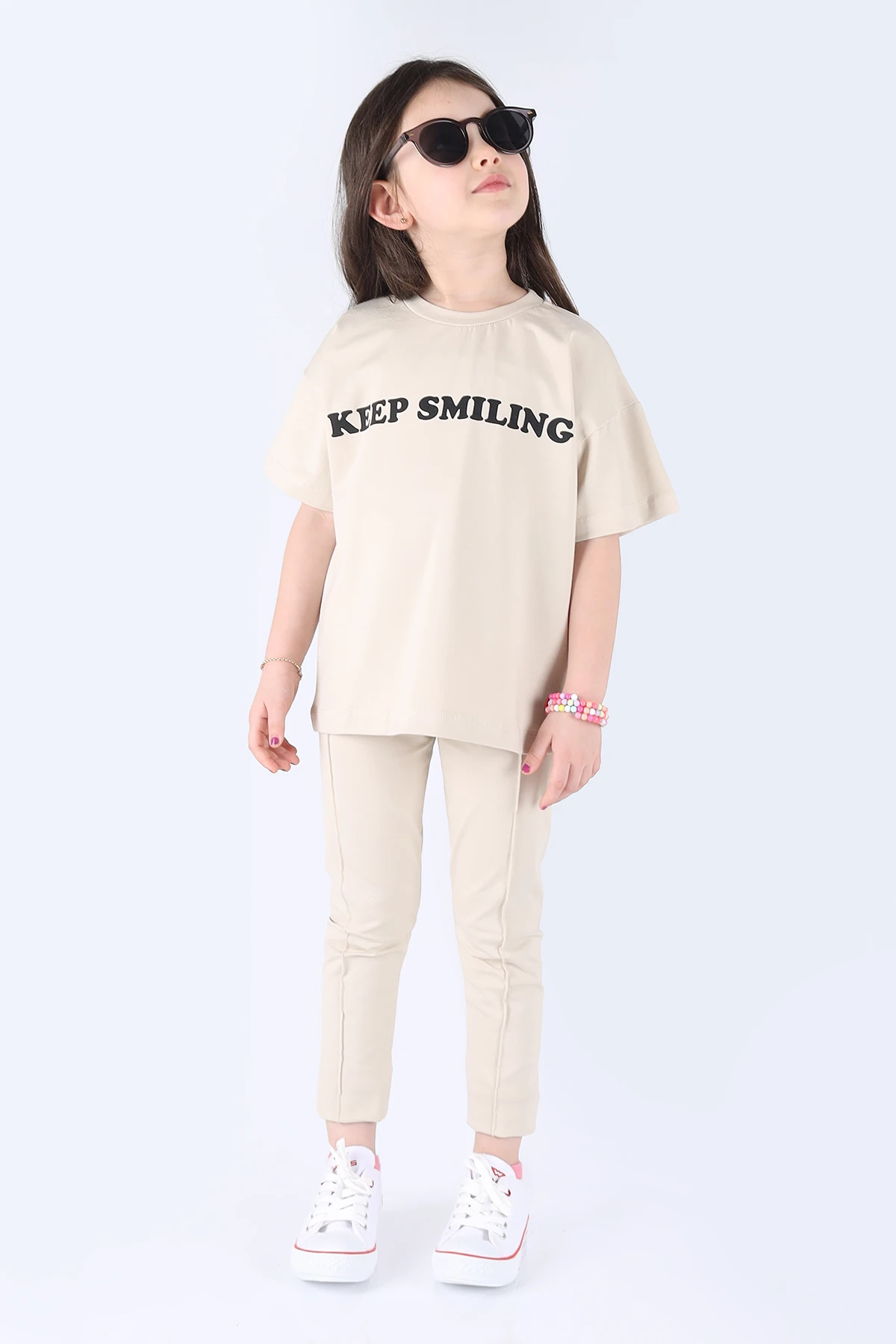 Krem (6-9 Yaş) Keep Smiling Baskılı Kız Çocuk Takım 264475