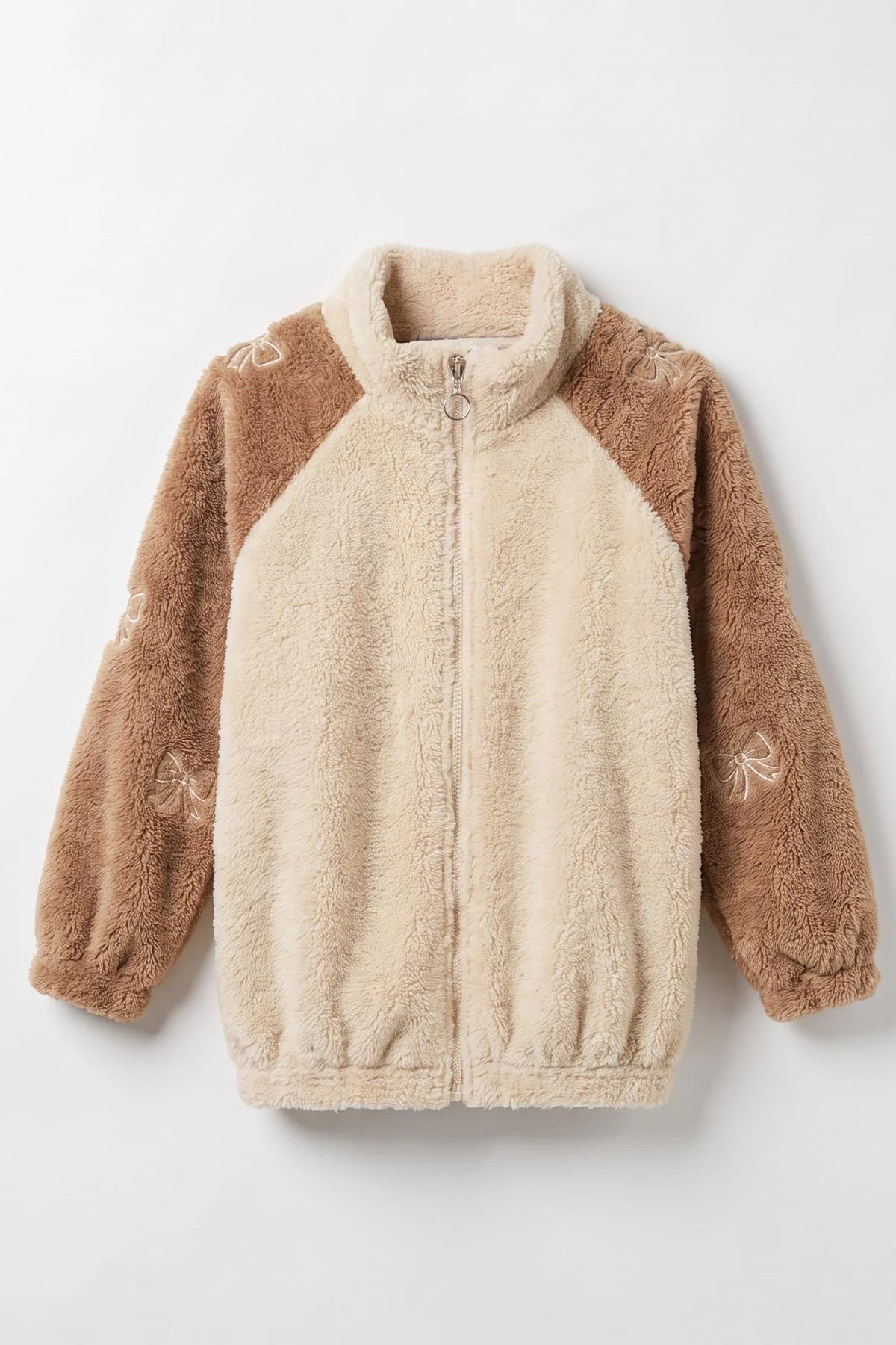Krem  (7-12 Yaş) Kolu Garnili Fiyonk Nakışlı Kız Çocuk Peluş Hırka 488999