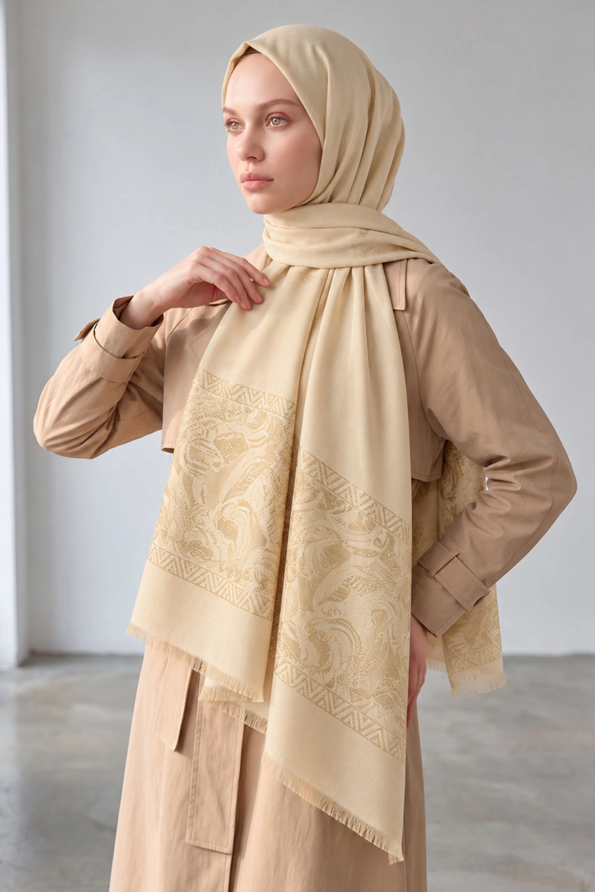 Krem 70x180 Cm Elara Premium Jakarlı Pamuk Şal 494278