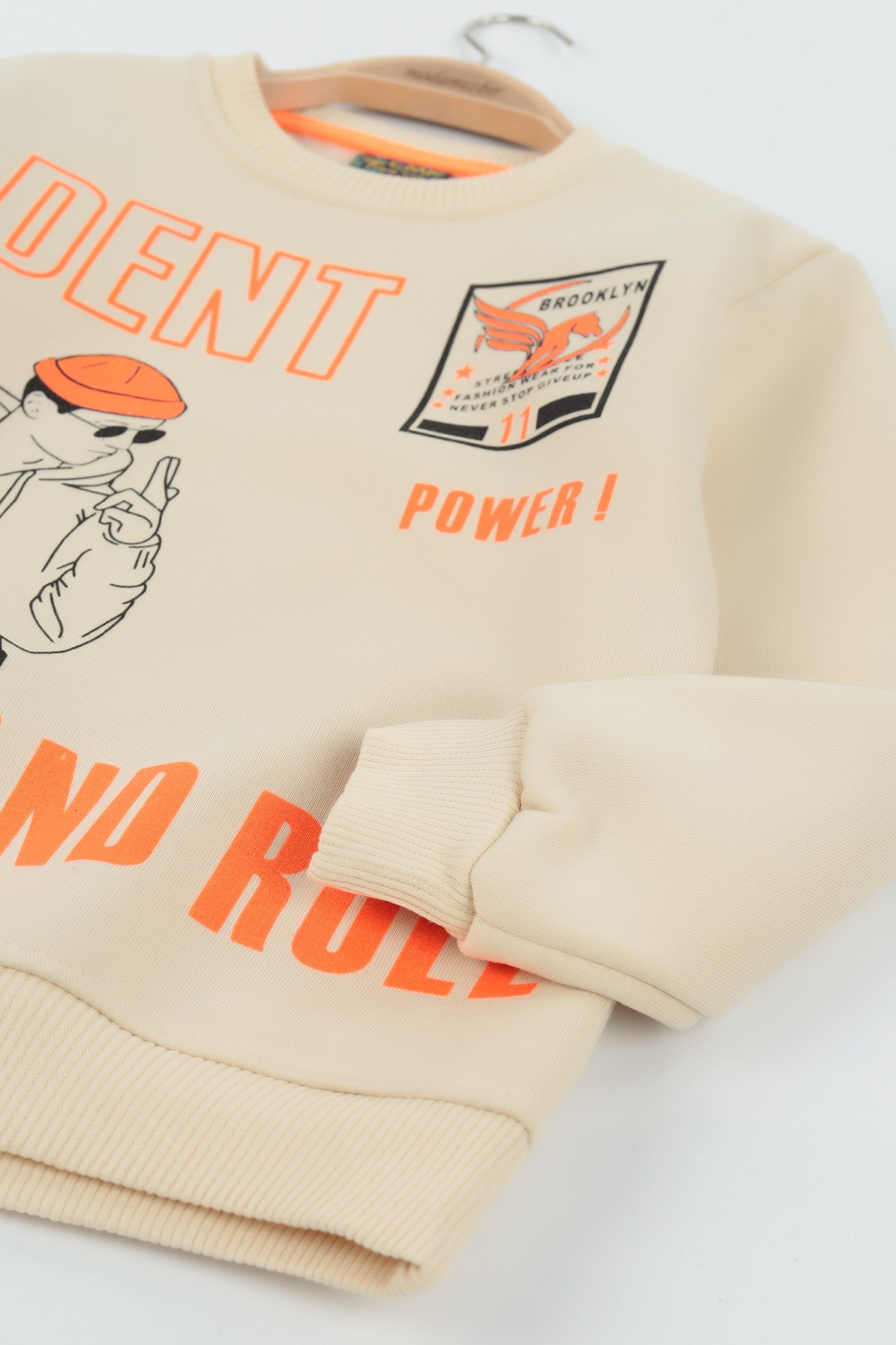 Krem (8-12 Yaş) Dent Baskılı Üç İp Şardonlu Erkek Çocuk Sweat polar 135277