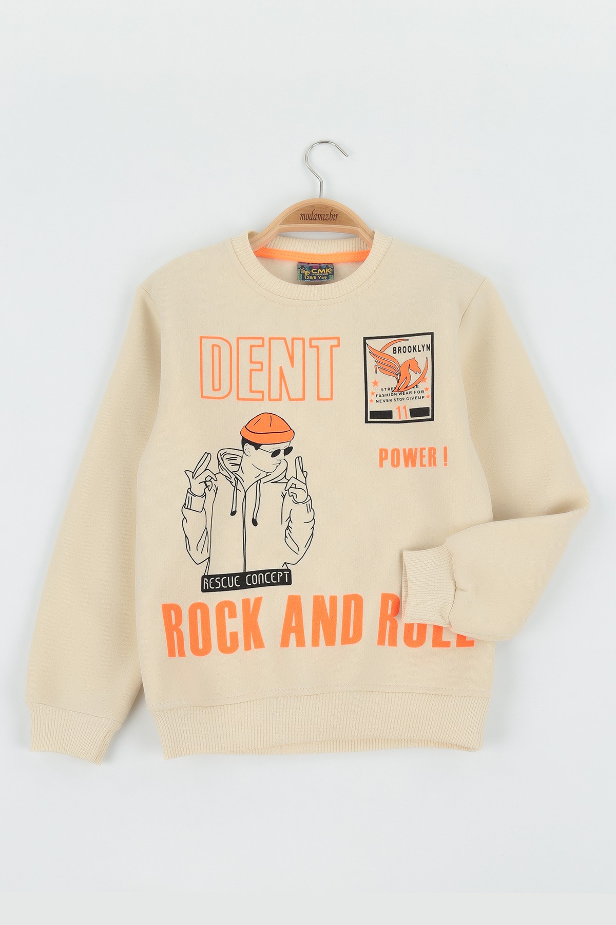 Krem (8-12 Yaş) Dent Baskılı Üç İp Şardonlu Erkek Çocuk Sweat polar 135277