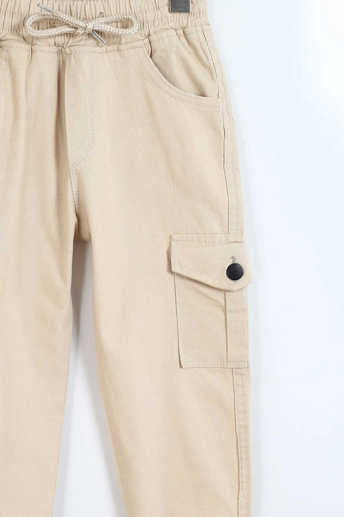 Krem (8-12 Yaş ) Kargo Cepli Paça Lastikli Erkek Çocuk Keten Pantolon 328572