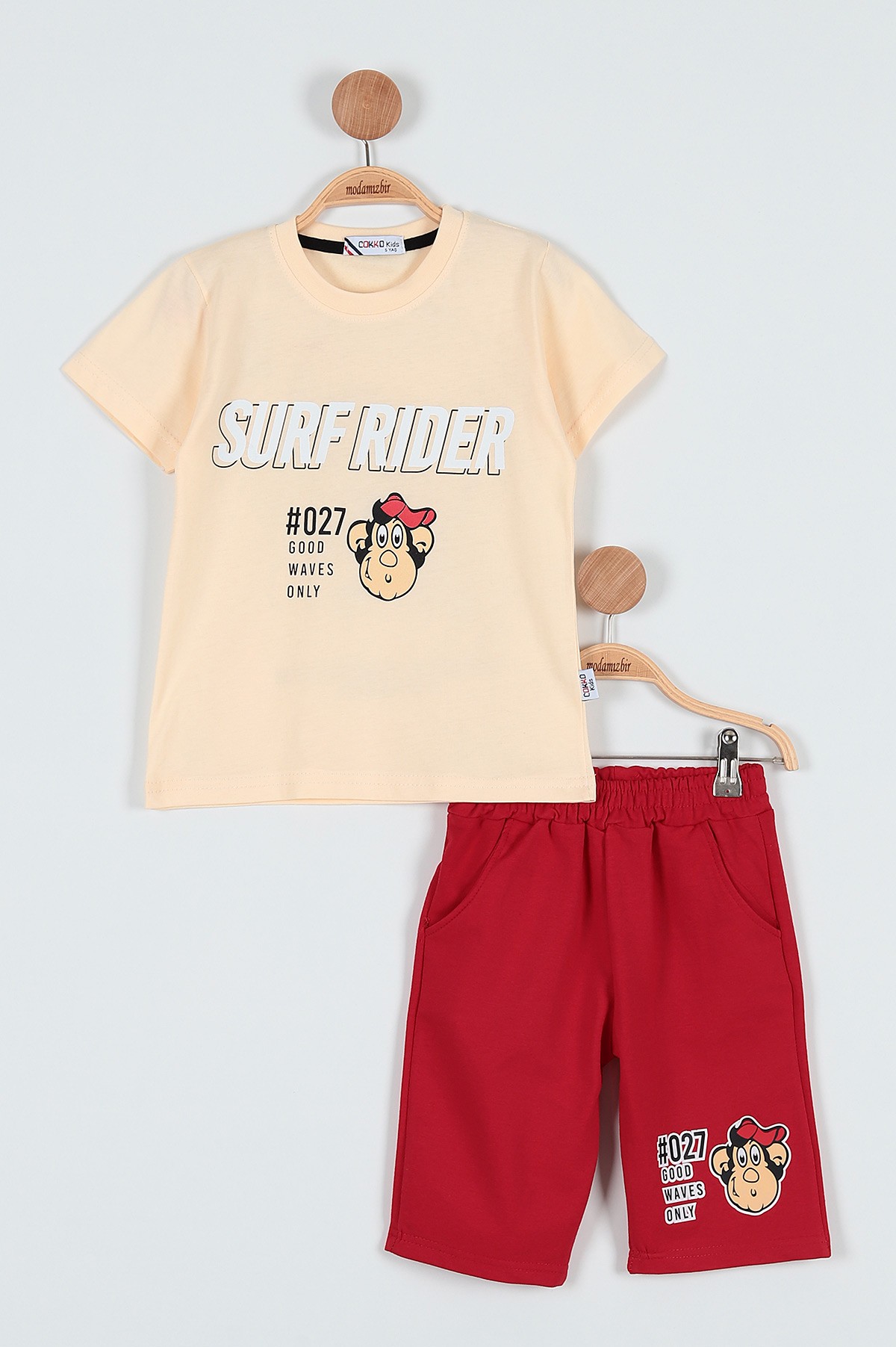 Krem (9-12 Yaş) Surf Rıder Baskılı Şortlu Erkek Çocuk Takım 186218