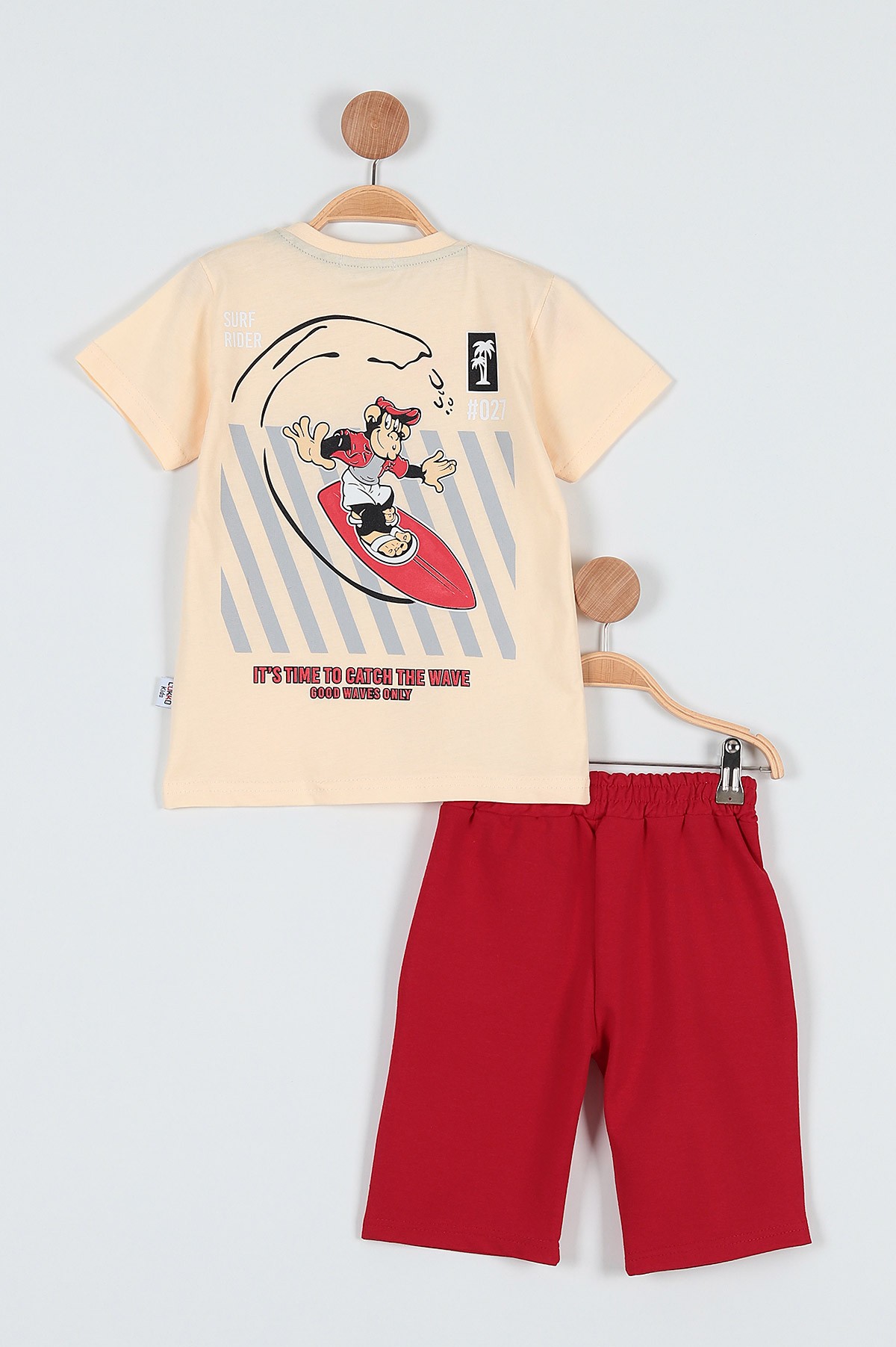 Krem (9-12 Yaş) Surf Rıder Baskılı Şortlu Erkek Çocuk Takım 186218