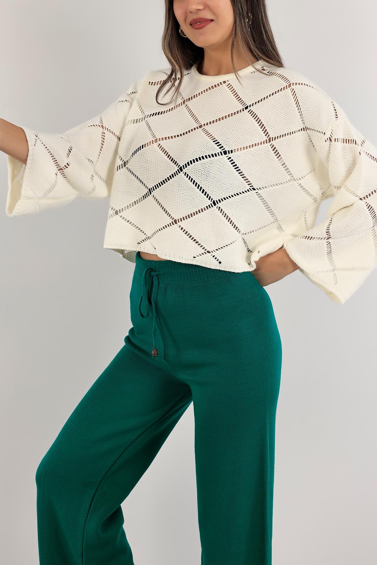 Krem Ajurlu Crop Triko Kazak 137477