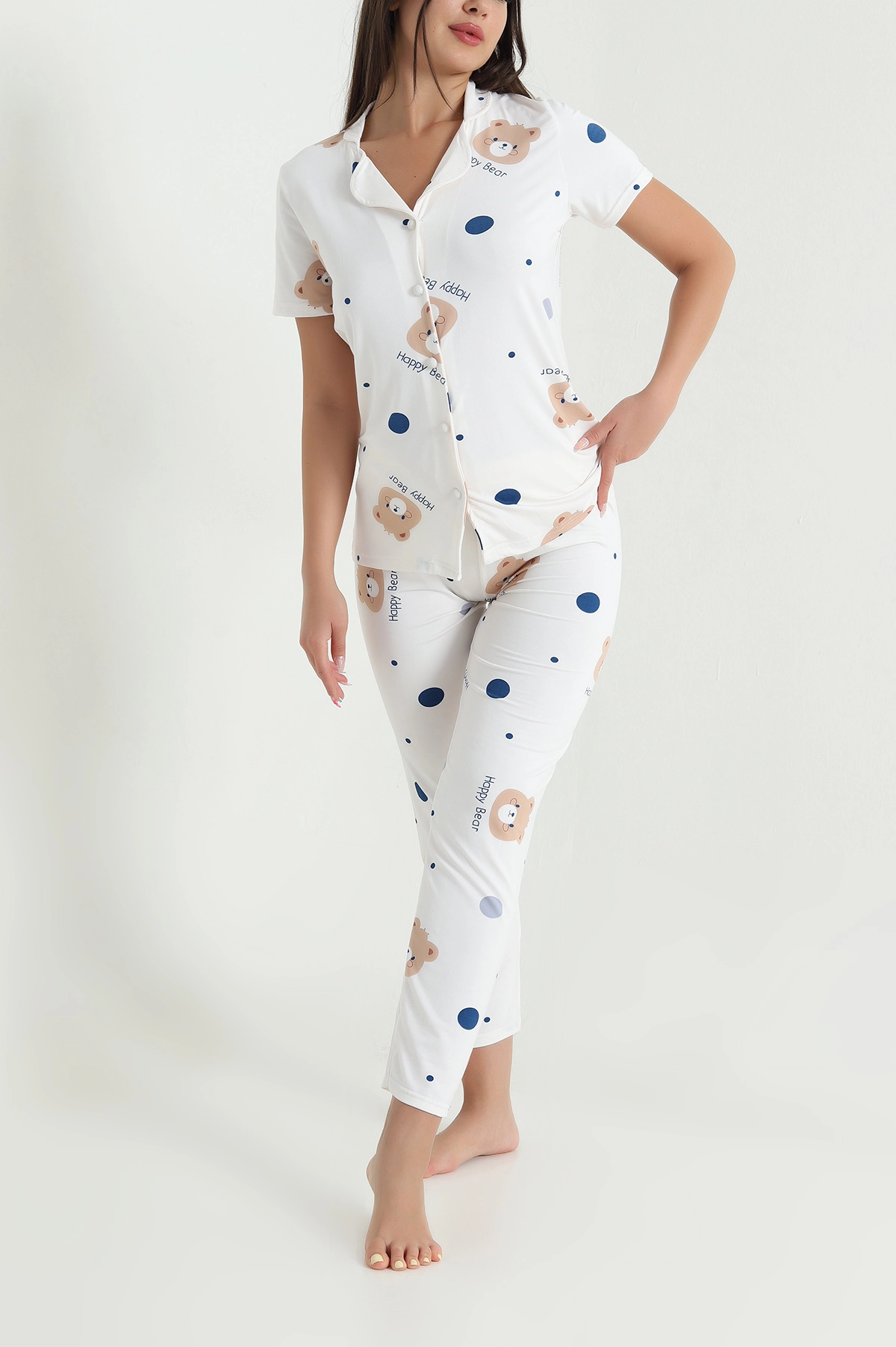 Krem Ayı Desenli Kadın Pijama Takımı 466611