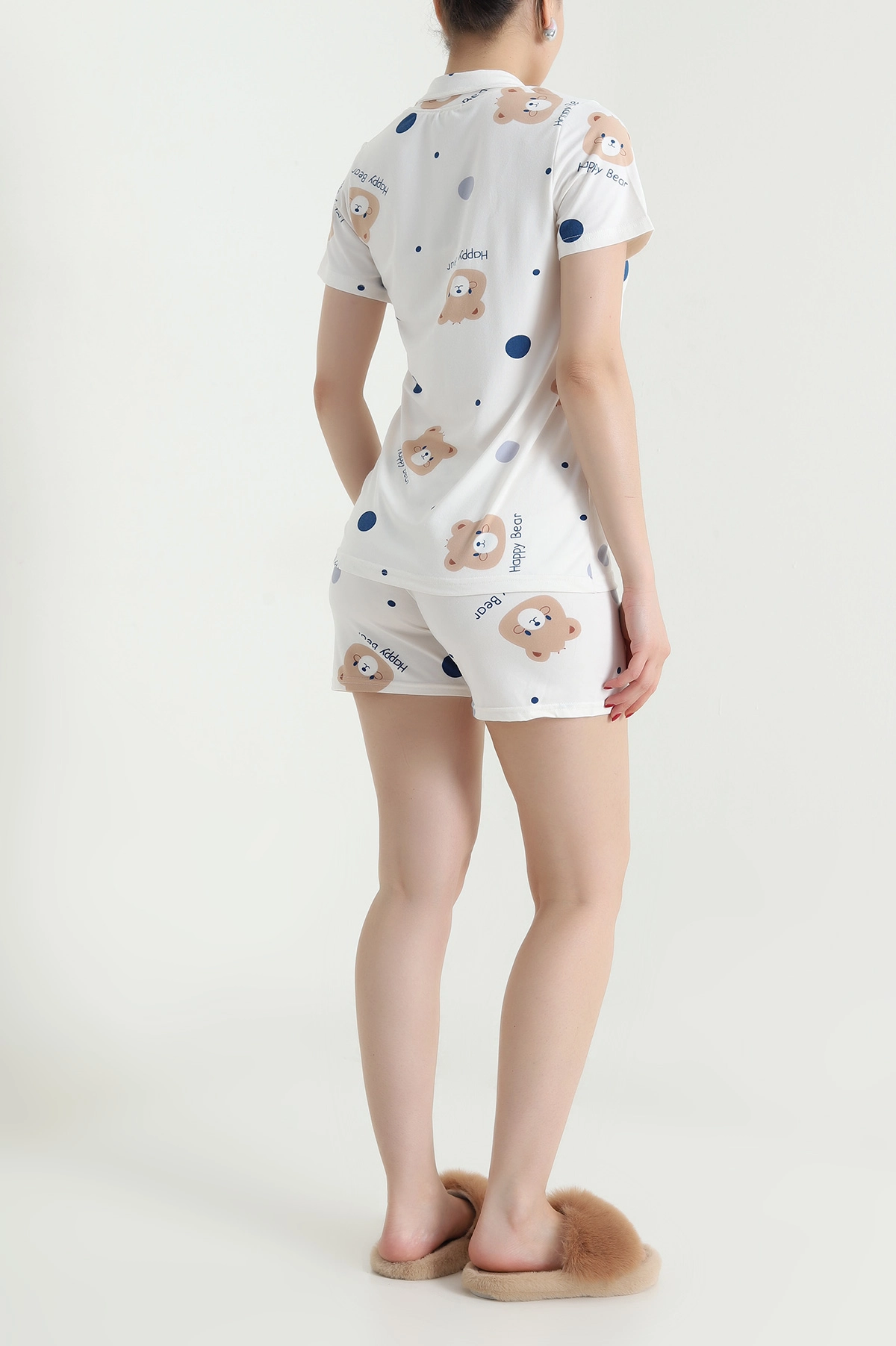 Krem Ayıcık Desenli Kadın Şortlu Pijama Takımı 466442