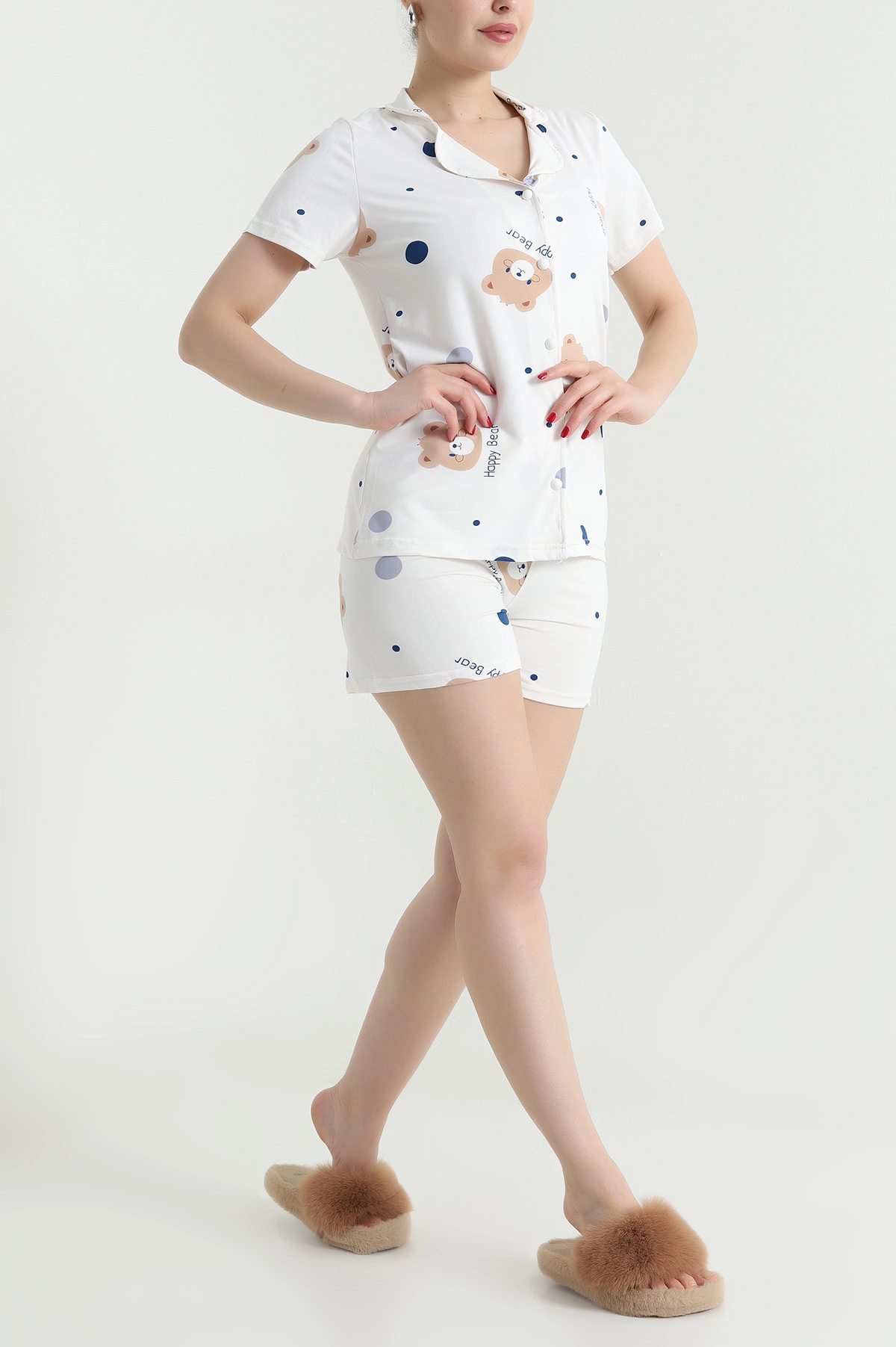 Krem Ayıcık Desenli Kadın Şortlu Pijama Takımı 466442