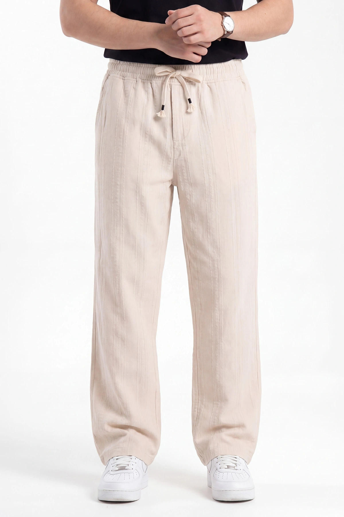 Krem Baggy Ham Keten Belden Bağlamalı Erkek Pantolon 459578