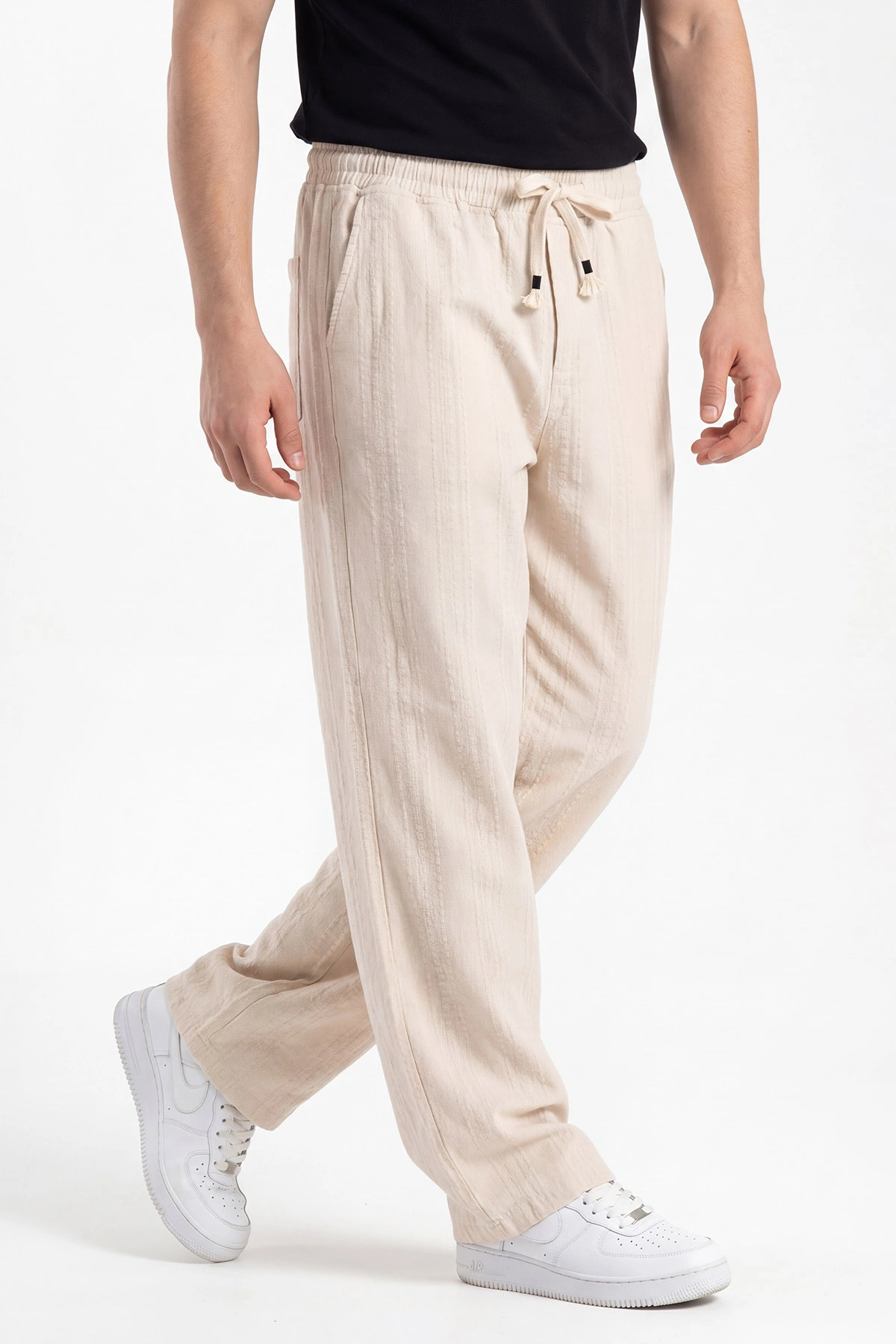 Krem Baggy Ham Keten Belden Bağlamalı Erkek Pantolon 459578