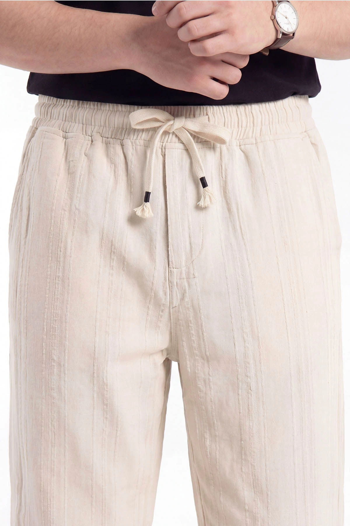Krem Baggy Ham Keten Belden Bağlamalı Erkek Pantolon 459578