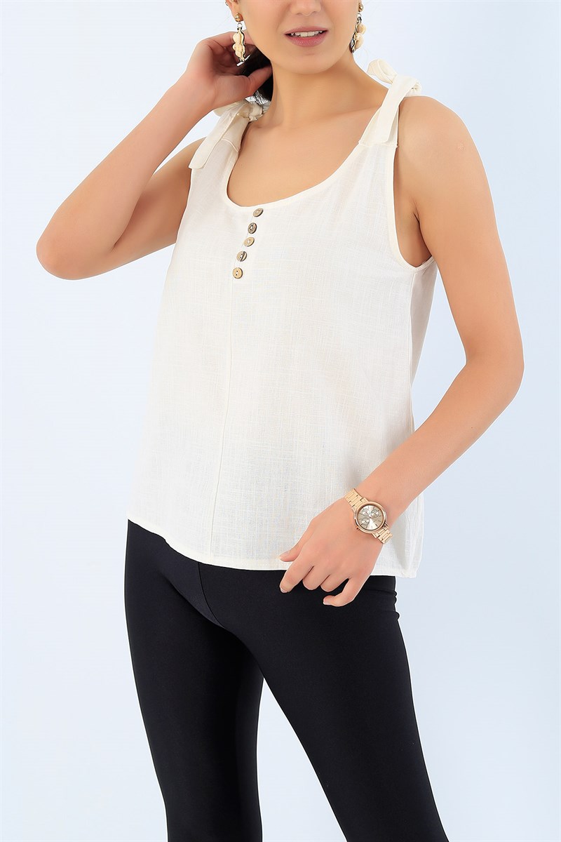 Krem Bağlamalı Keten Bluz 33831