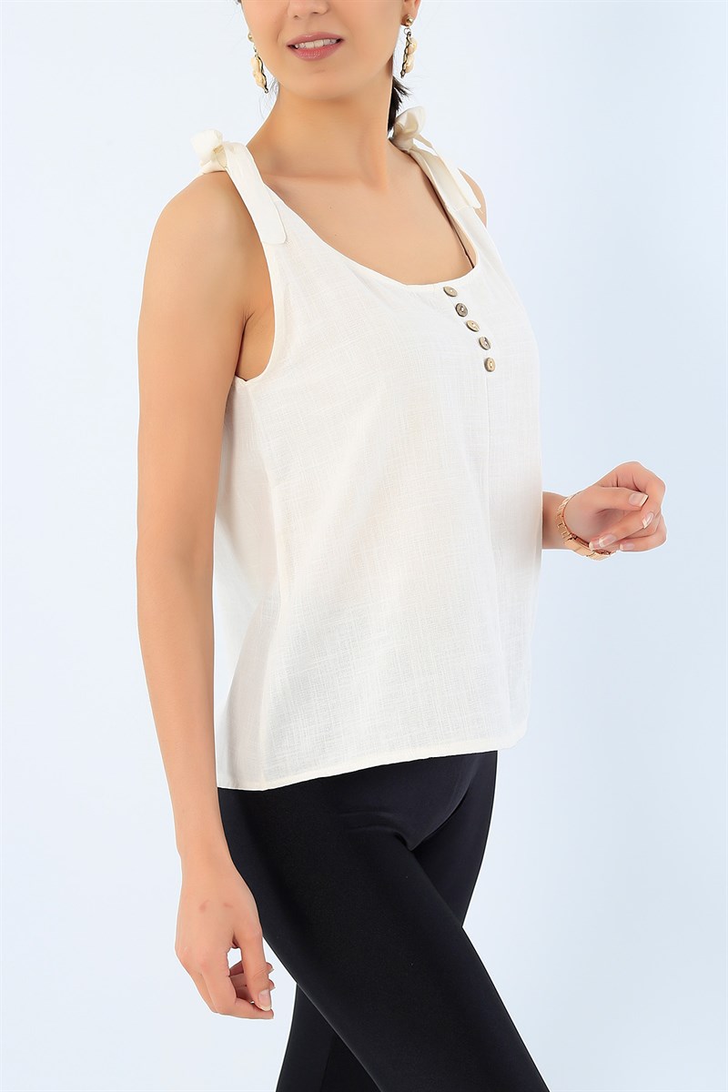 Krem Bağlamalı Keten Bluz 33831