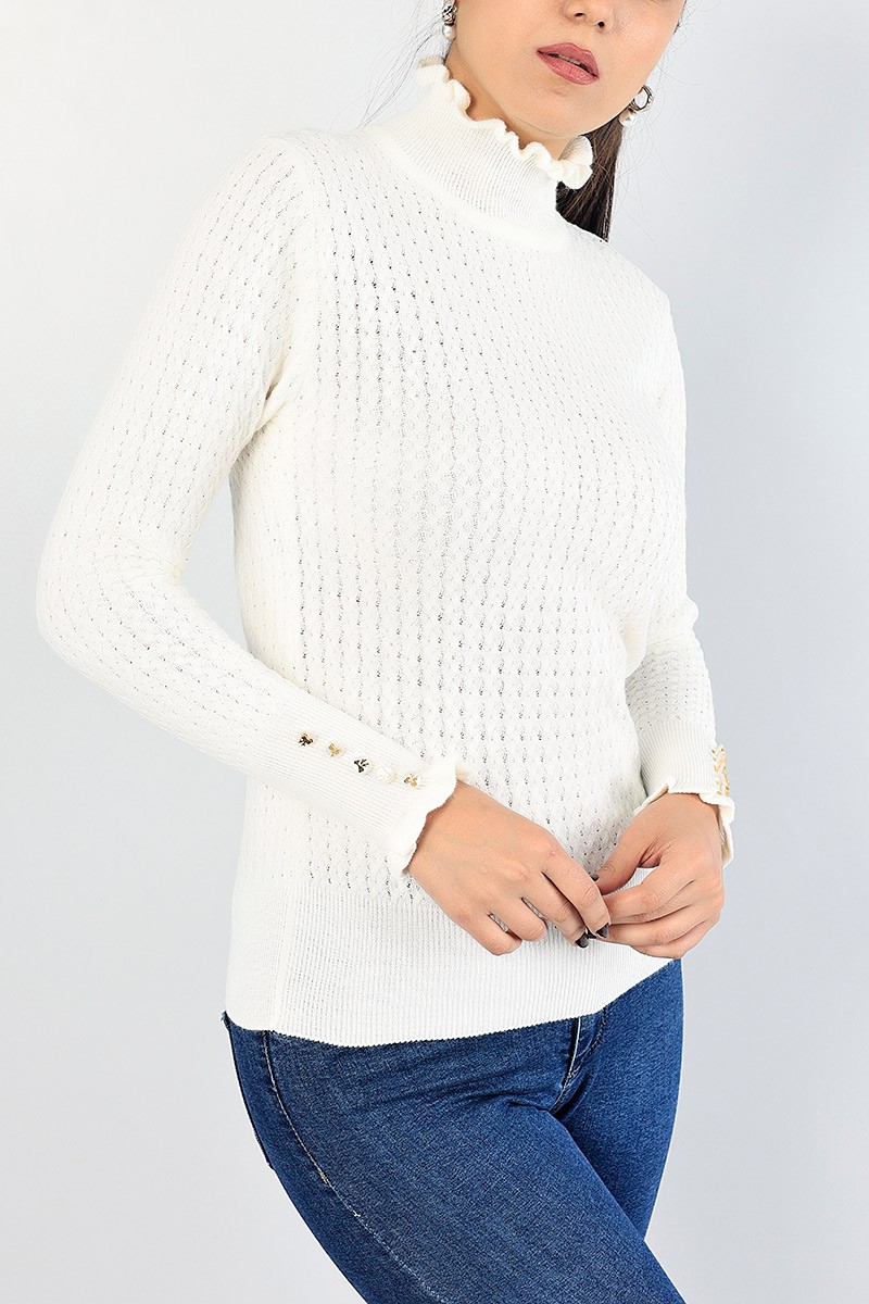 Krem Balıkçı Yaka Bayan Triko Kazak 84419