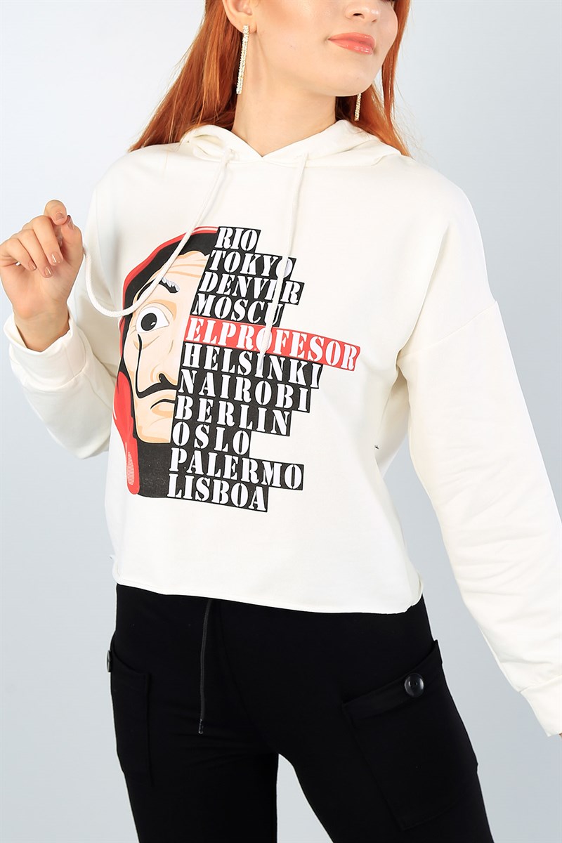 Krem Baskılı Bayan Kapüşonlu Sweat 39822