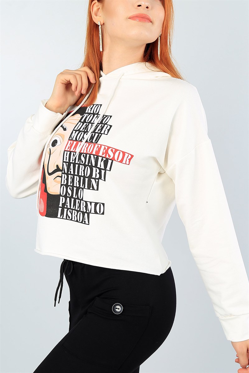 Krem Baskılı Bayan Kapüşonlu Sweat 39822