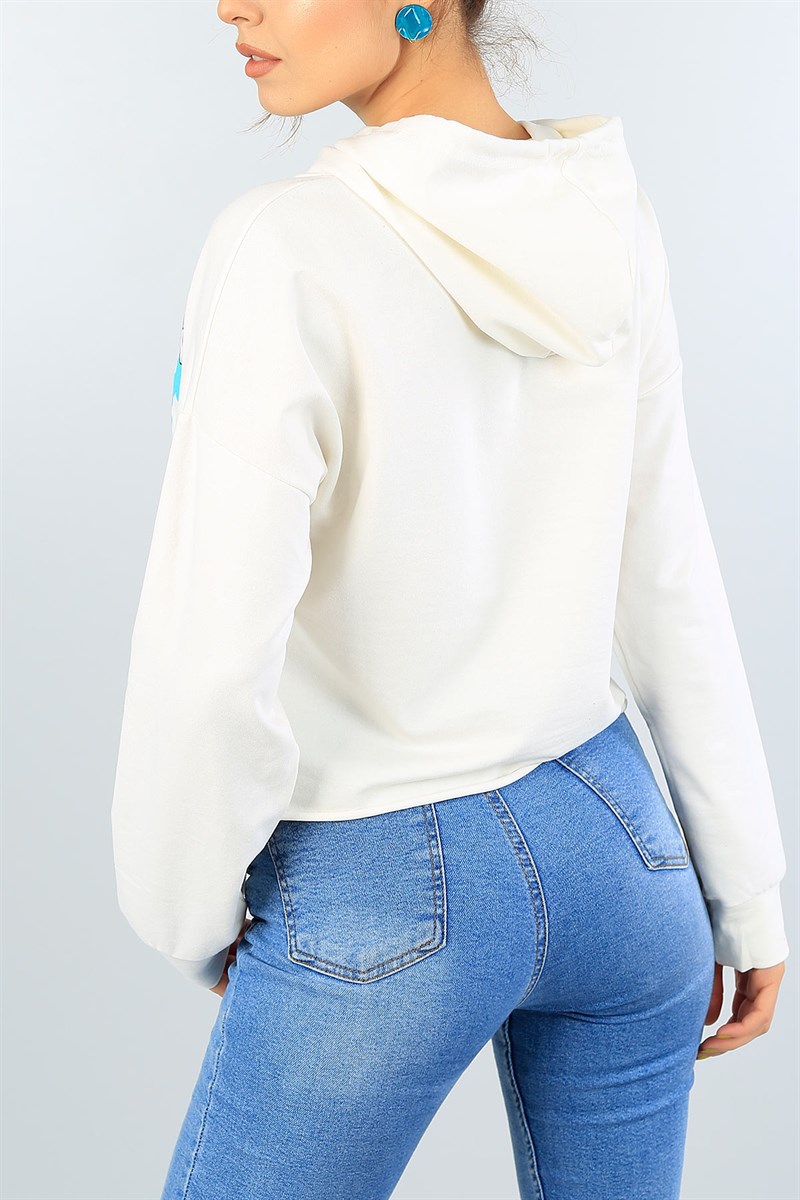 Krem Baskılı Bayan Kapüşonlu Sweat 39825
