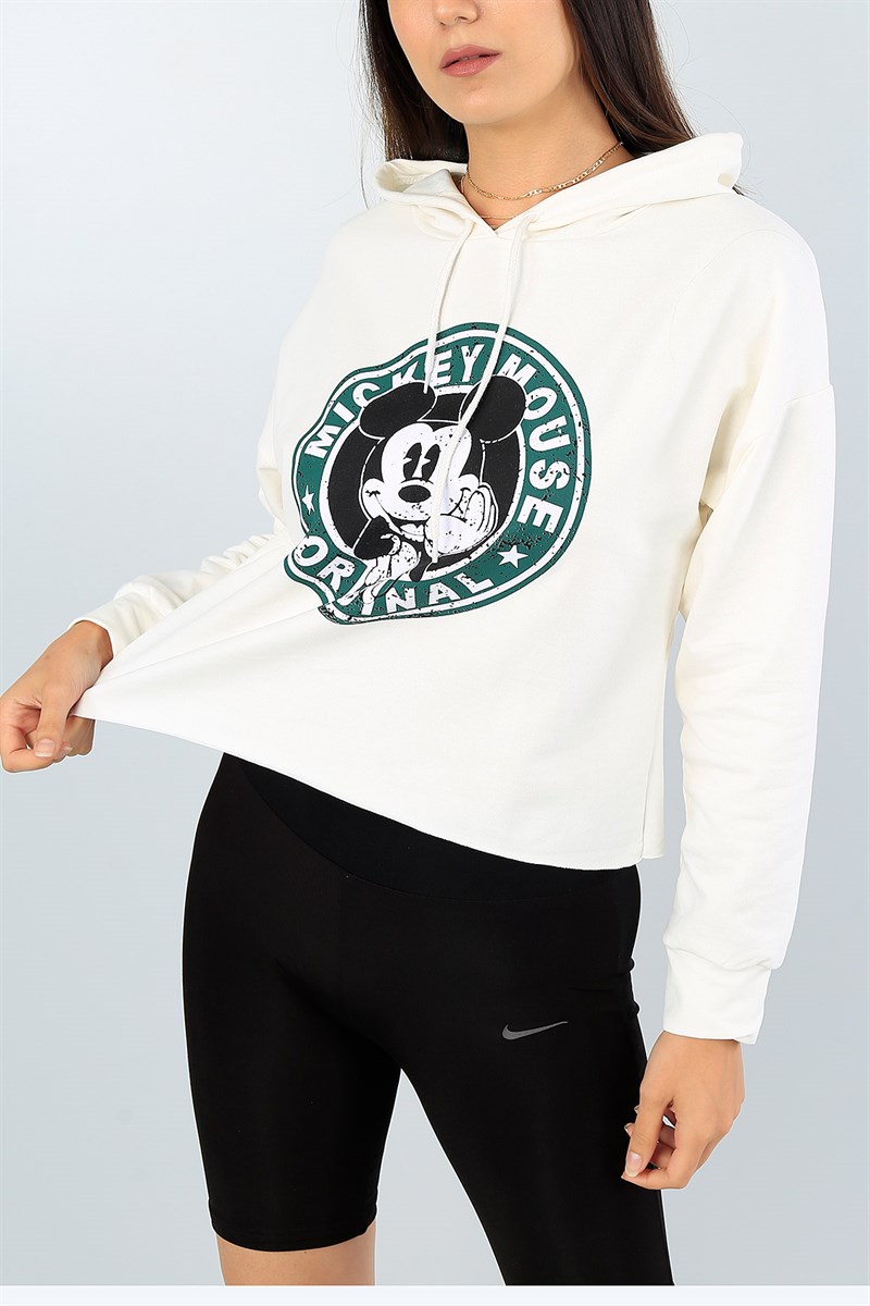 Krem Baskılı Bayan Kapüşonlu Sweat 39839