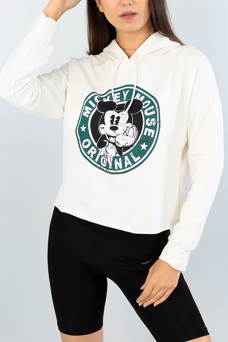 Krem Baskılı Bayan Kapüşonlu Sweat 39839