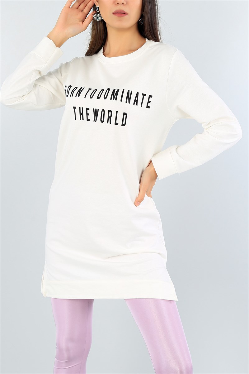 Krem Baskılı Likralı Sweat Tunik 43977