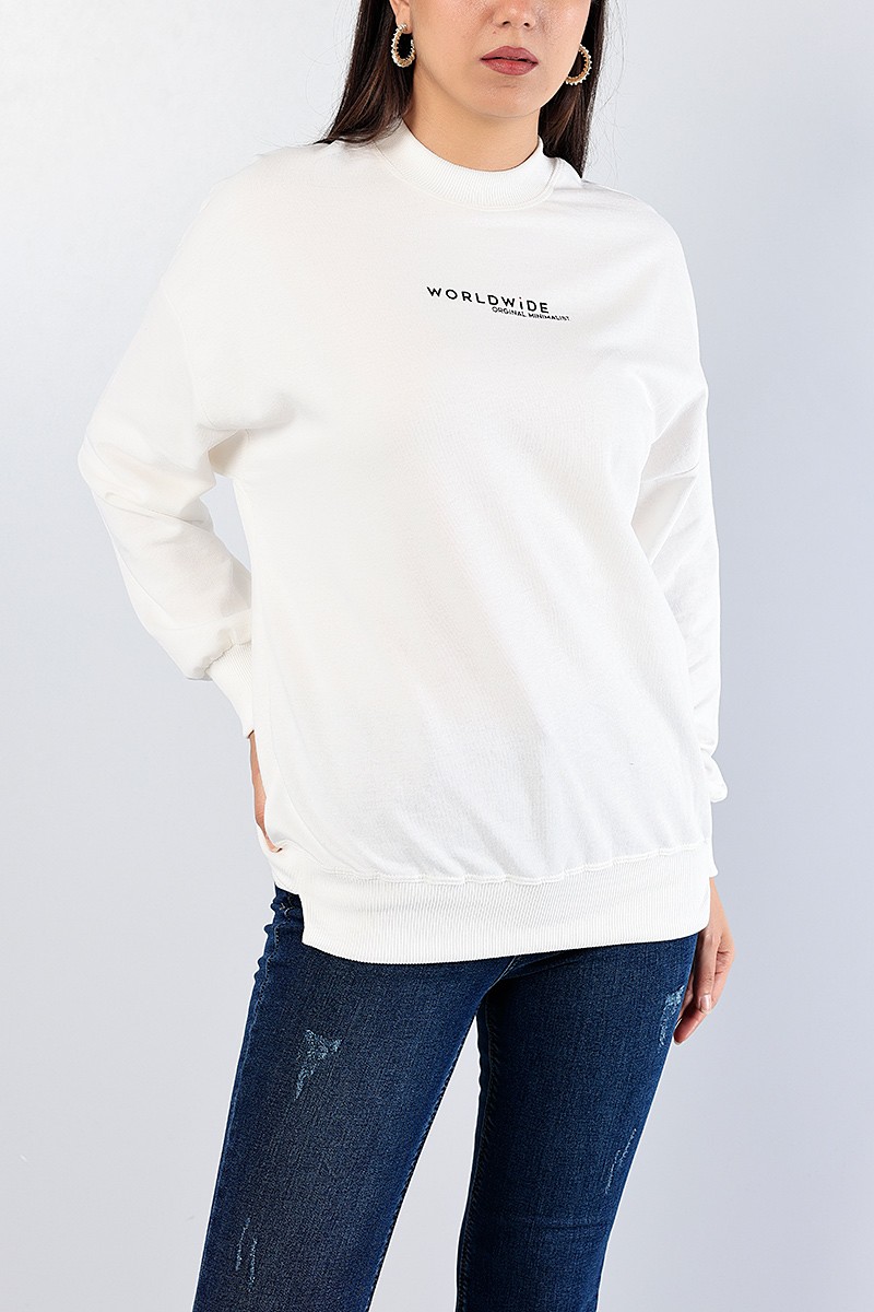 Krem Baskılı Ribana Yaka Bayan Sweat 81196