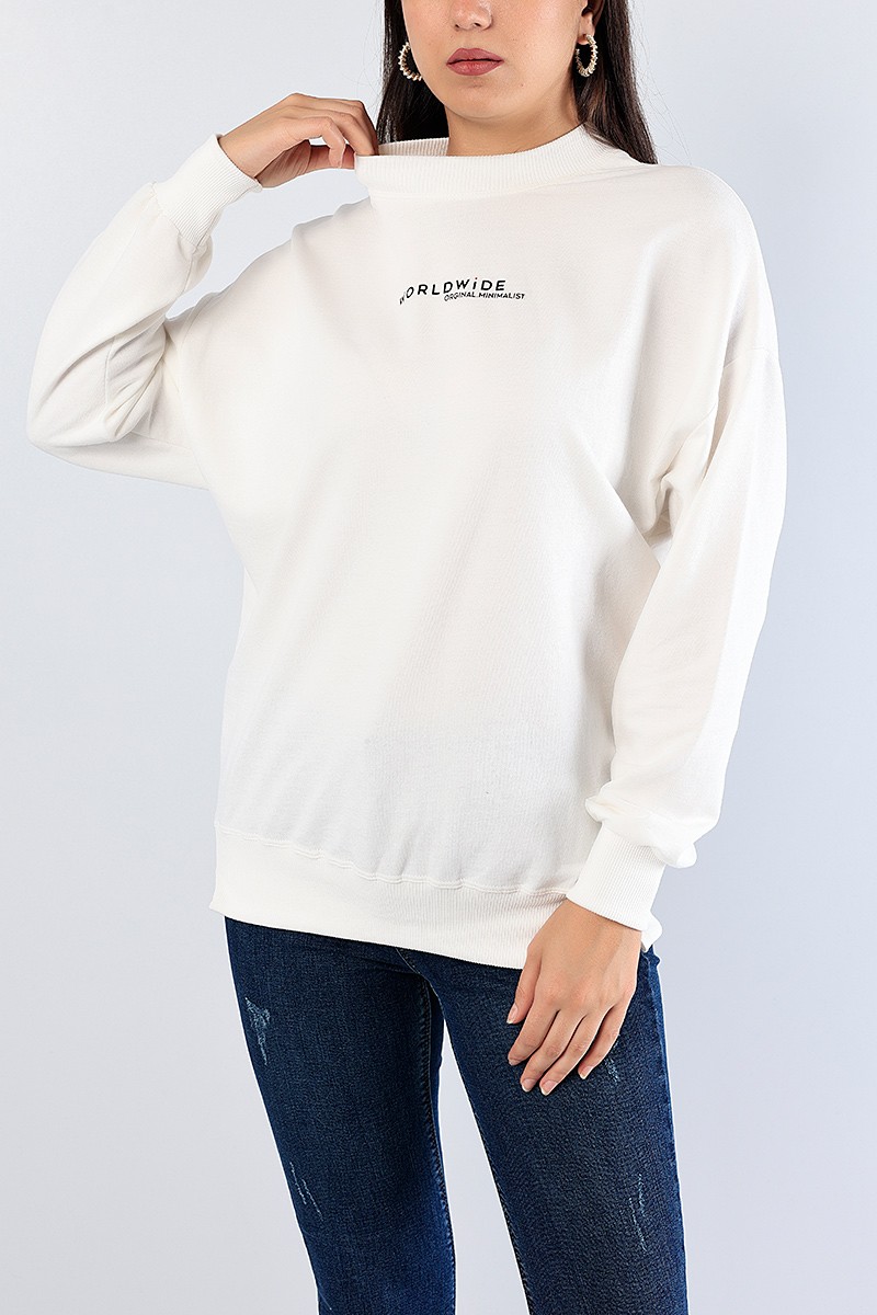 Krem Baskılı Ribana Yaka Bayan Sweat 81196