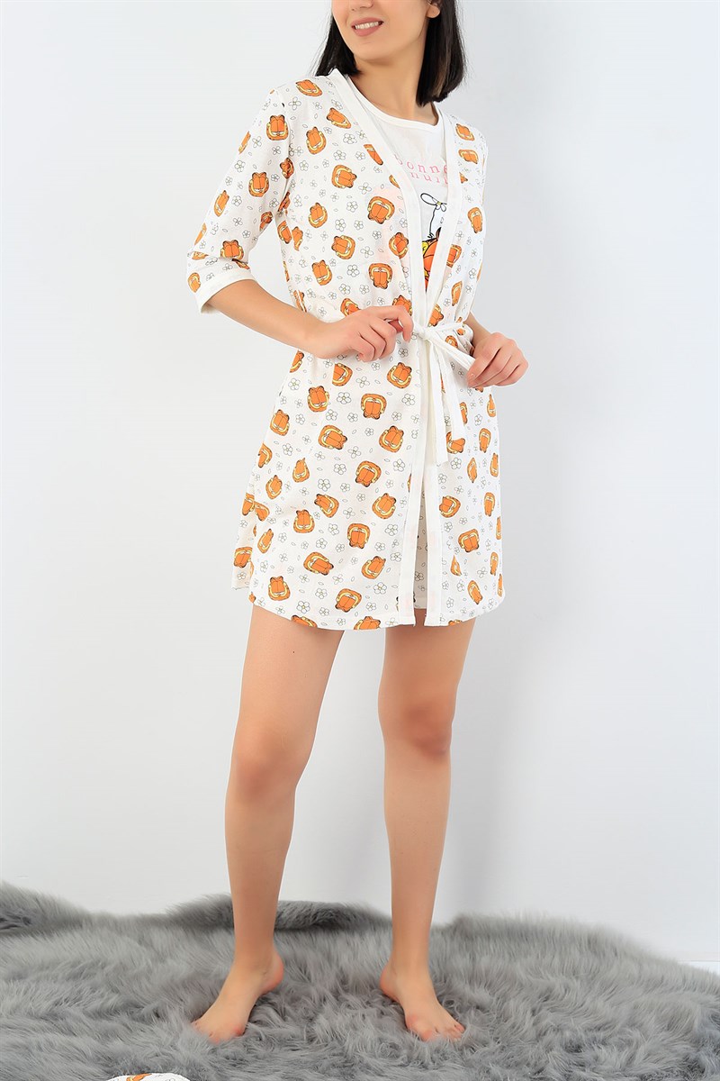 Krem Baskılı Üçlü Sabahlık Pijama Takımı 29129B