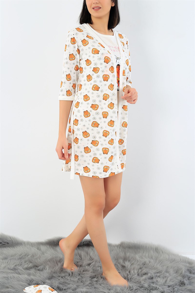 Krem Baskılı Üçlü Sabahlık Pijama Takımı 29129B