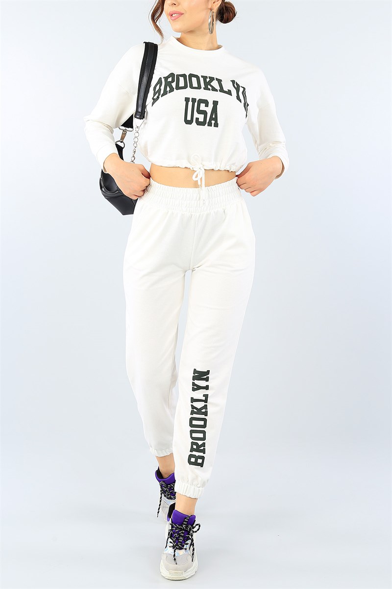 Krem Bayan Üst Crop Baskılı 39484