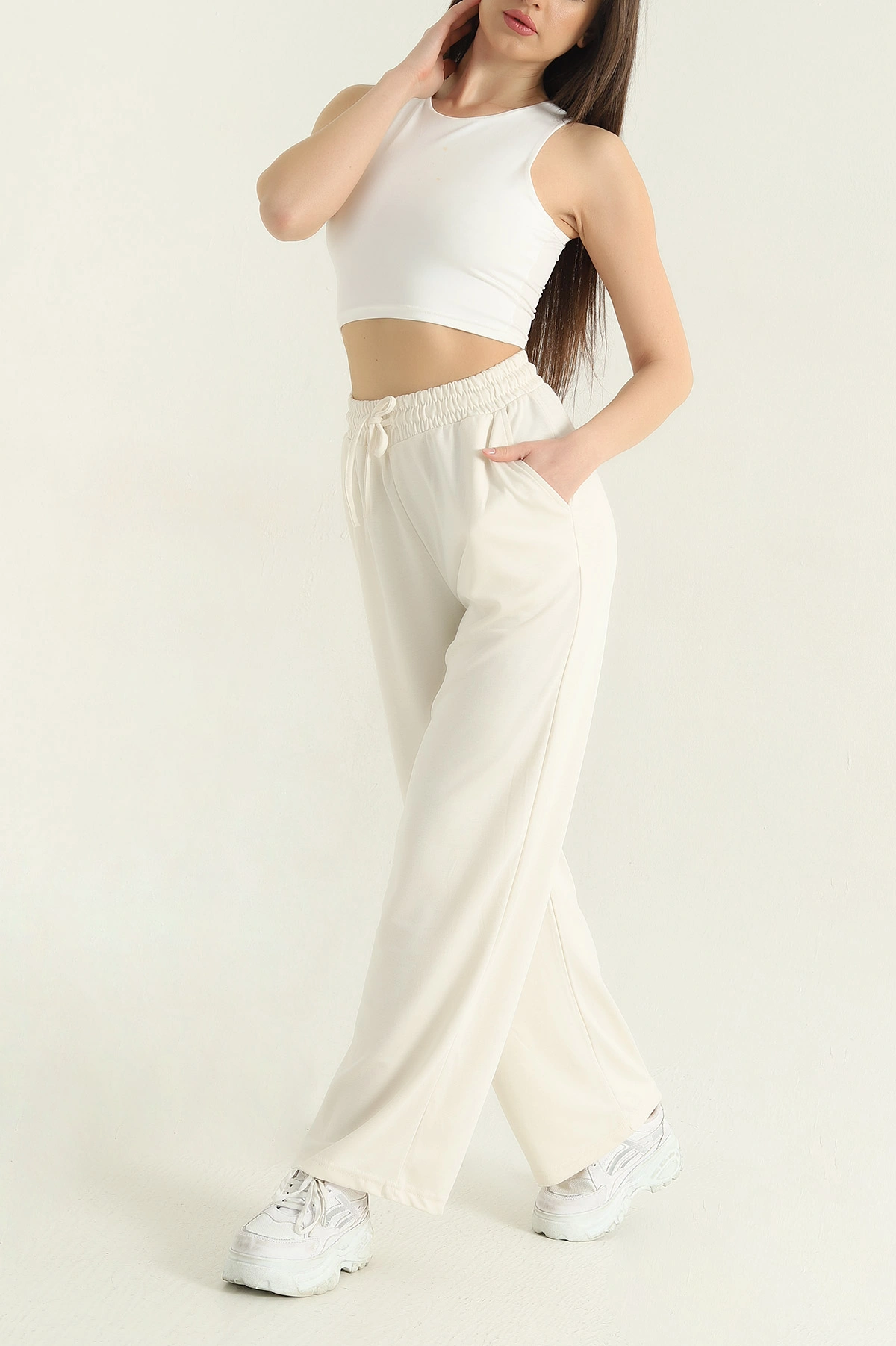 Krem Bel Lastikli Cepli Modal Kadın Pantolon 357356
