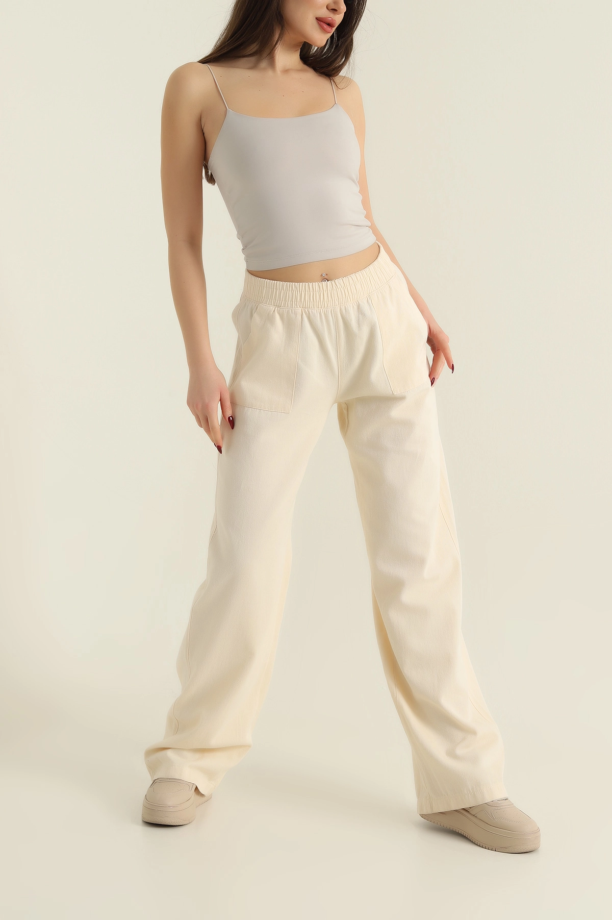 Krem Beli Lastikli Kadın Gabardin Pantolon 422487