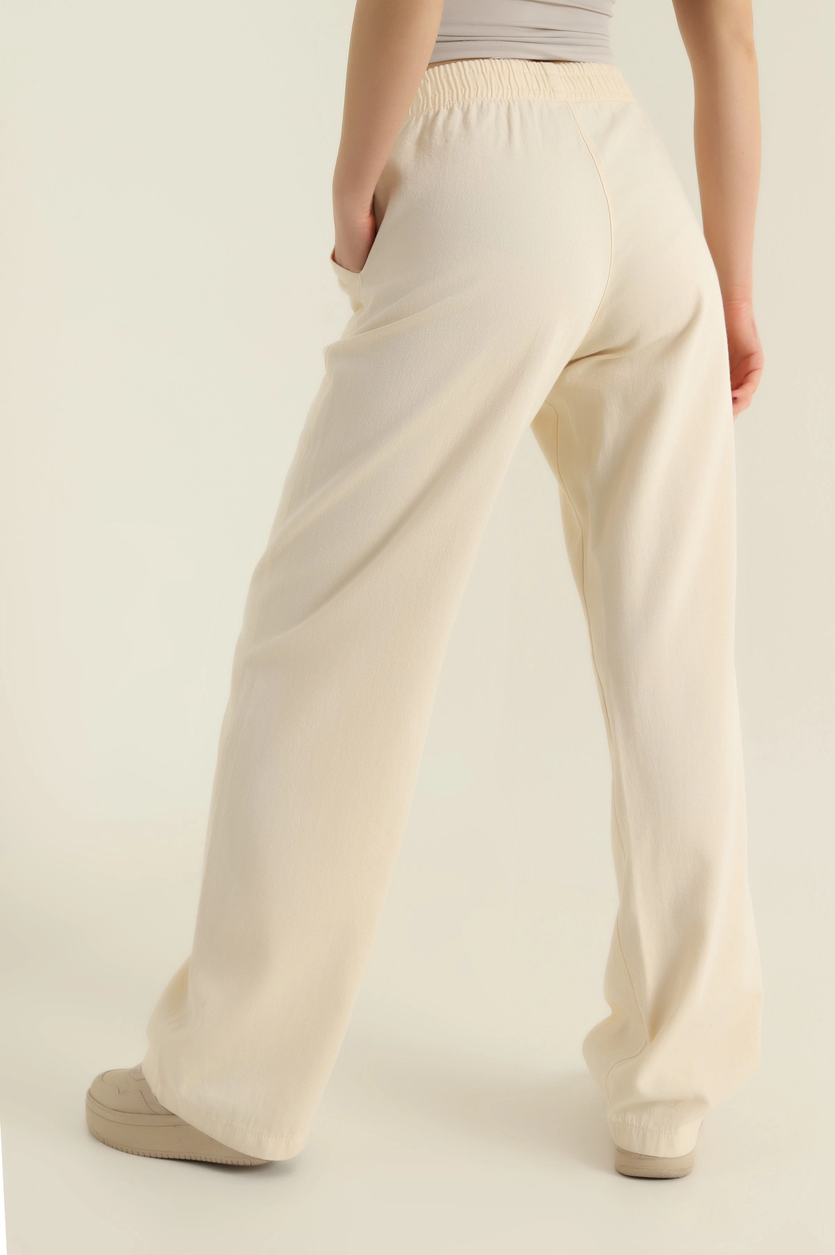 Krem Beli Lastikli Kadın Gabardin Pantolon 422487
