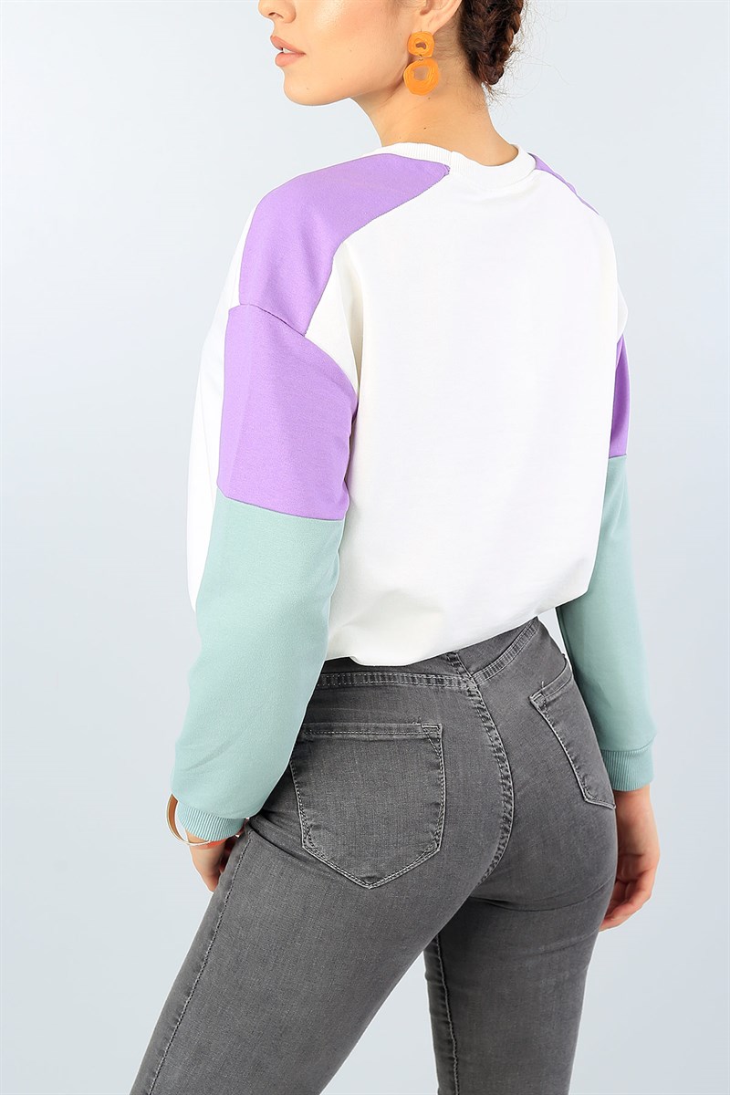 Krem Beli Sıkmalı Parçalı Bayan Sweat 40187