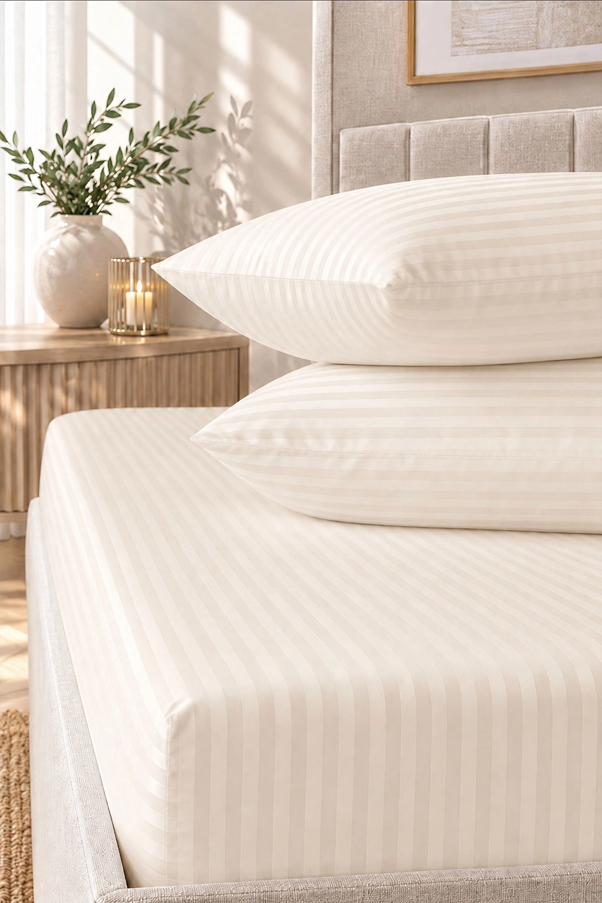 Krem Bella Home 160x200 Cm Çift Kişilik Çizgili Saten Çarşaf Seti 483023