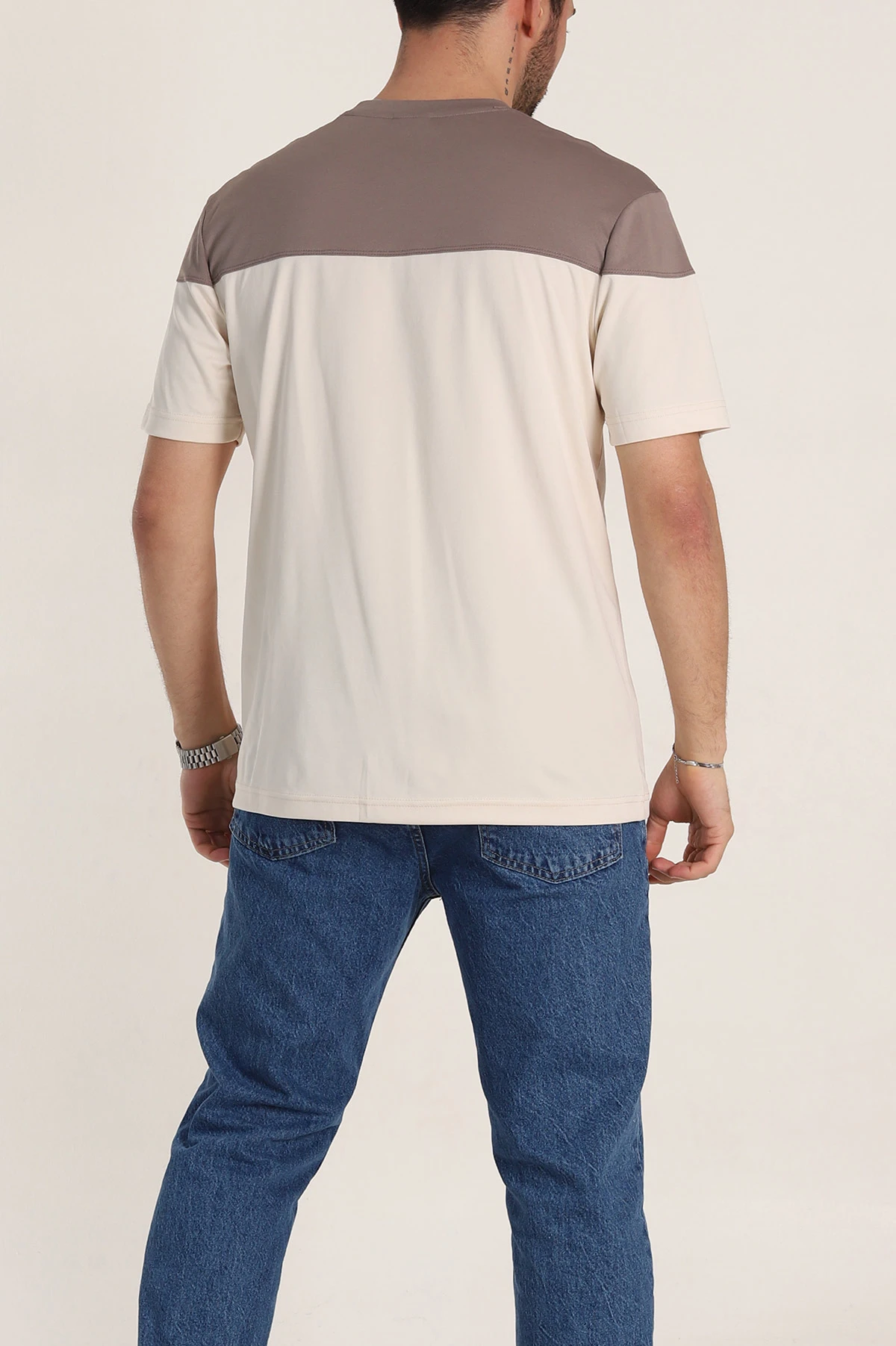 Krem Beyaz Çift Renk Regular Fit Jakarlı Erkek Tişört 346244