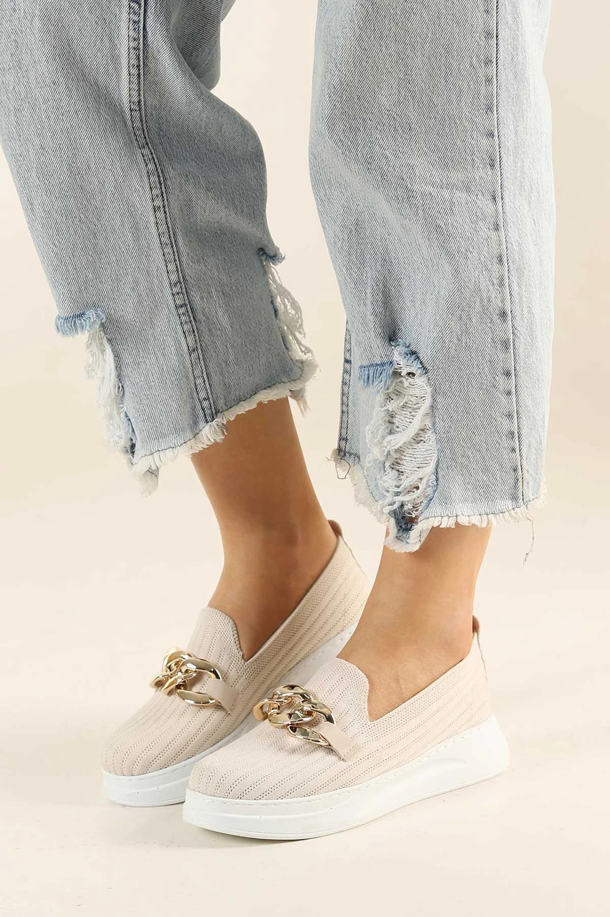 Krem Beyaz Triko Gold Tokalı Loafer Ayakkabı 262231