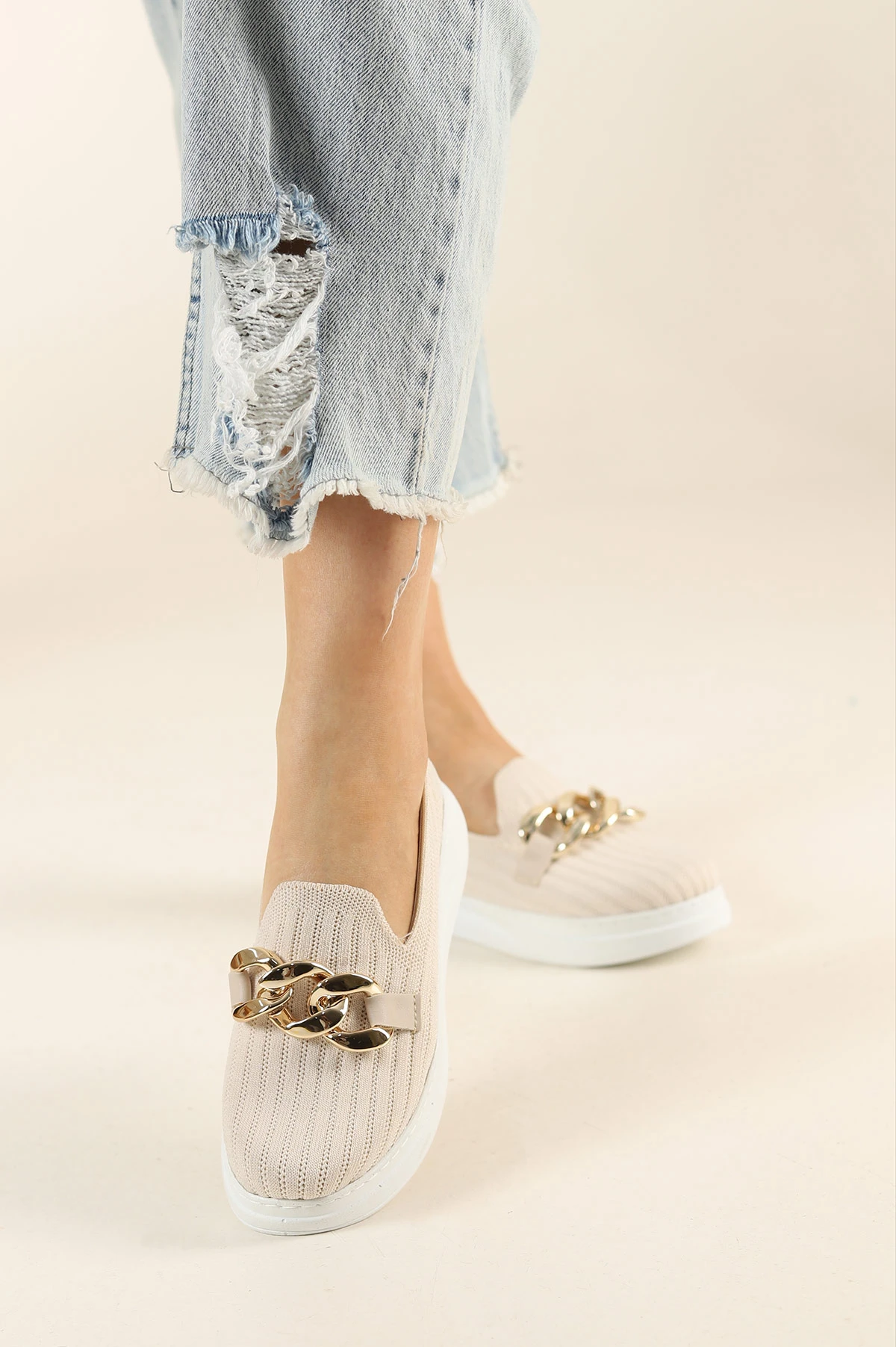 Krem Beyaz Triko Gold Tokalı Loafer Ayakkabı 262231