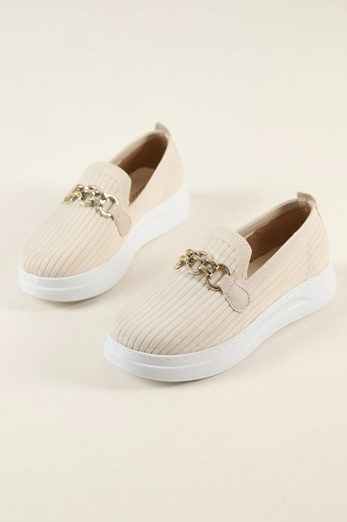 Krem Beyaz Triko Gold Tokalı Loafer Ayakkabı 263742