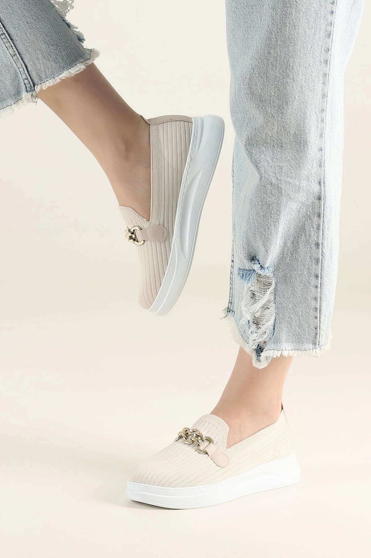Krem Beyaz Triko Gold Tokalı Loafer Ayakkabı 263742