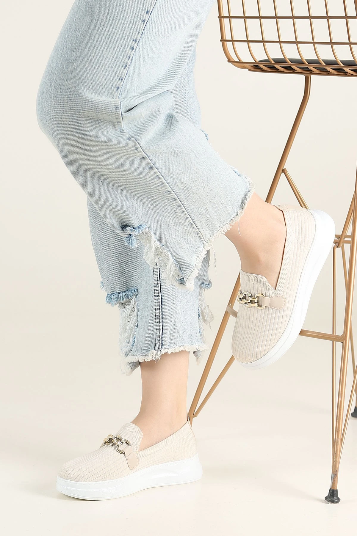 Krem Beyaz Triko Gold Tokalı Loafer Ayakkabı 263742