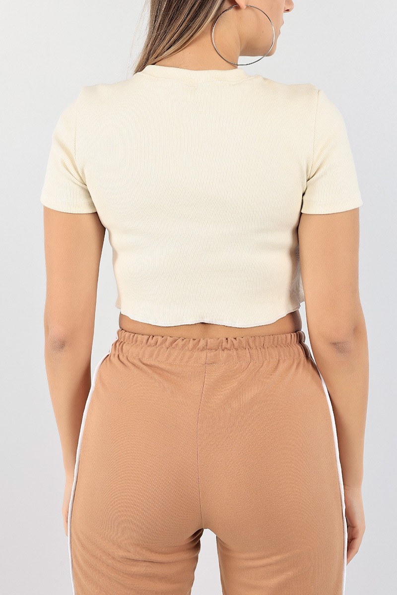 Krem Bisiklet Yaka Fitilli Crop 97032